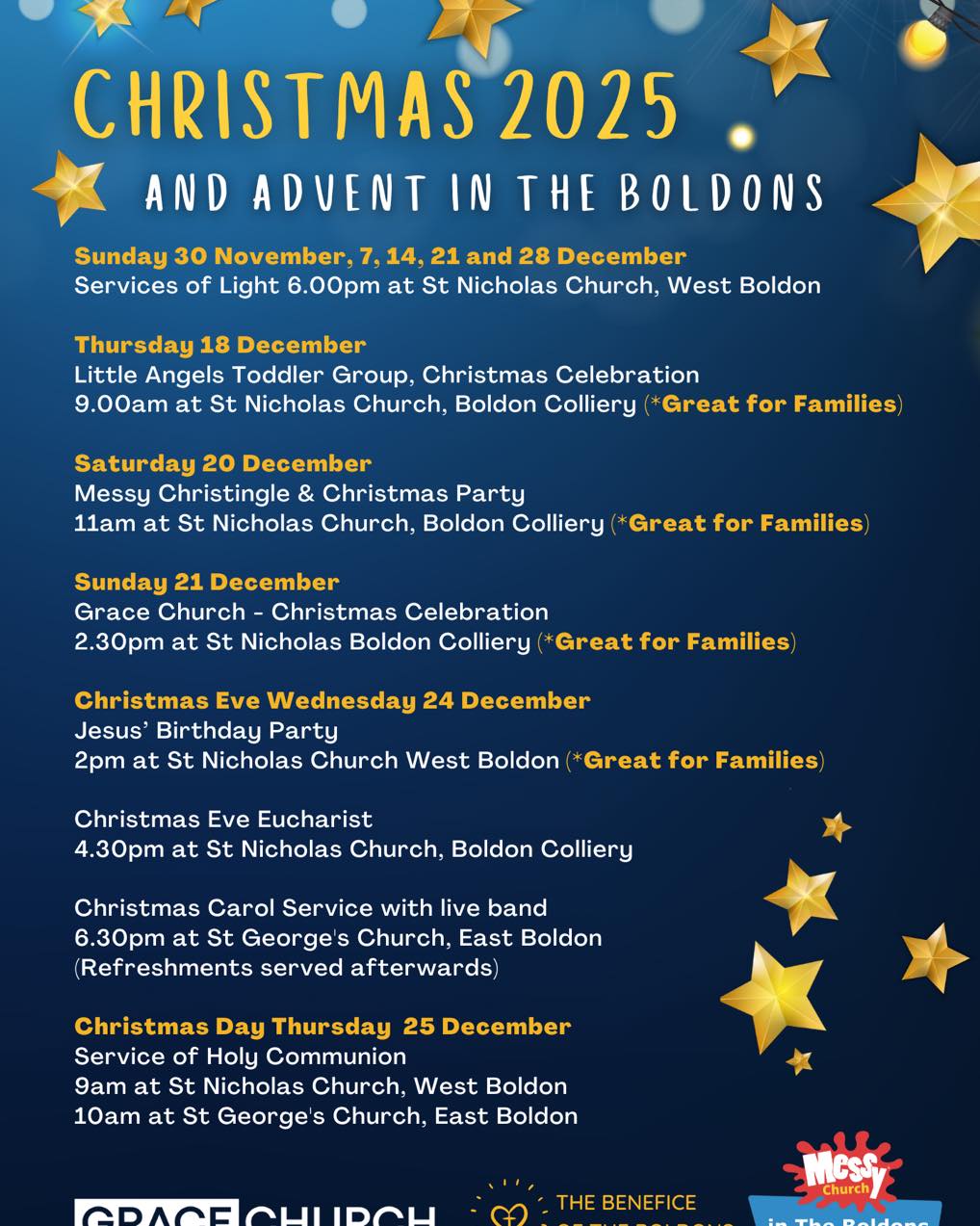 We’re excited to share details of all of the wonderful services and events happing across our churches this December.
From family fun at our Messy Christingle and Jesus’s Birthday Party, to our reflective Services of Light and traditional Holy Communion to contemporary worship at Grace Church and the beauty of the candlelit Carol Service on Christmas Eve, there really is something for everyone!
Please note that even though some services are listed as particularly great for families, all of the service and events are suitable for people of all ages. We look forward to seeing you and celebrating together the wonder and joy or Jesus’ birth.
For more details, check our Christmas page here: https://www.boldonsbenefice.com/christmas
#Christmas2025 # #TheReasonForTheSeason #YoureInvited #churchforeveryone