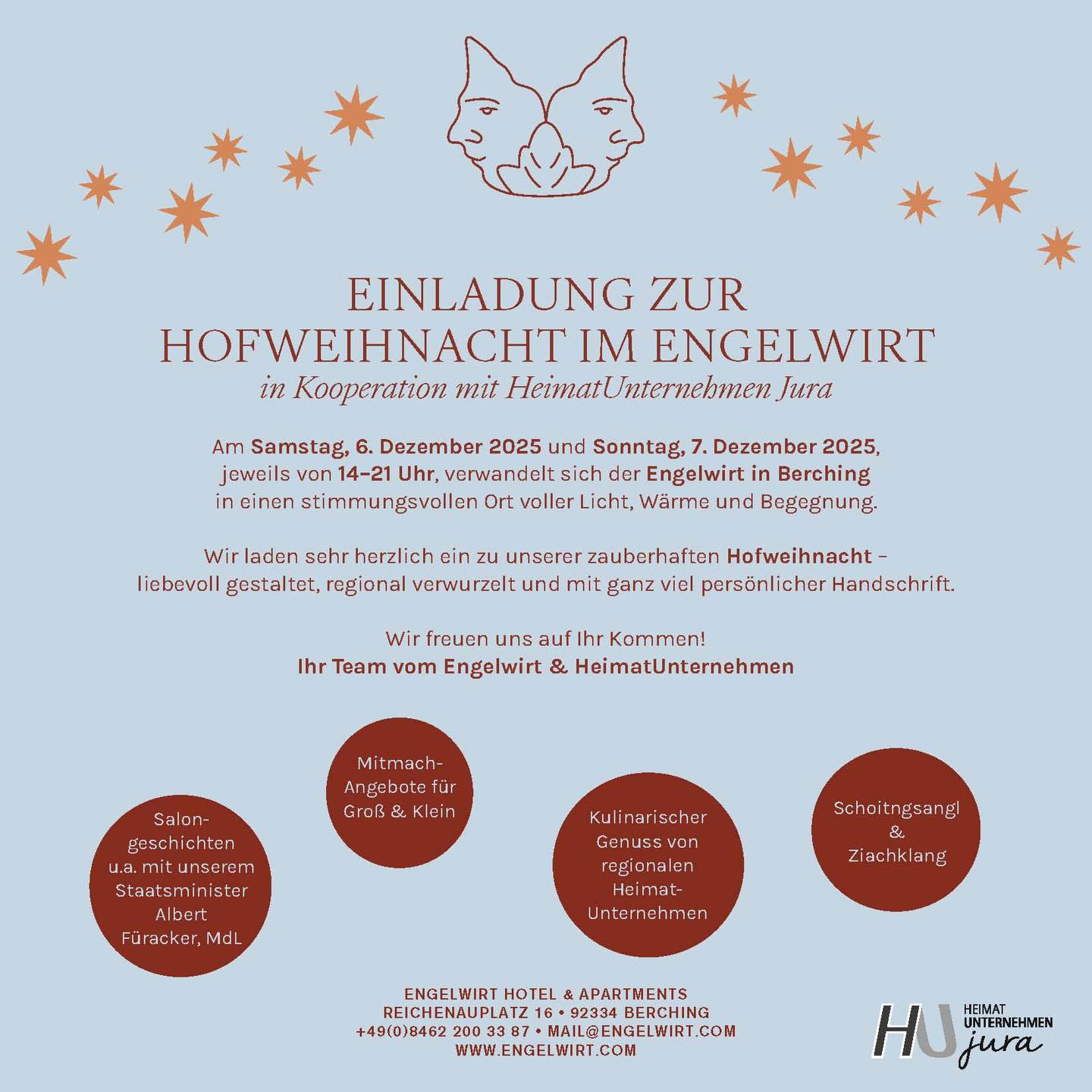✨ Ein Weihnachtsmarkt der besonderen Art wartet auf Dich! ✨
Wir laden Dich von Herzen zur Hofweihnacht in Zusammenarbeit mit HeimatUnternehmen im Innenhof des Engelwirts ein – echte Begegnungen, inspirierende Ideen und ganz viel Herz für ein gemeinsames WIR🤝❤️
📅 6. & 7. Dezember 2025
⏰ jeweils 14 – 21 Uhr
📍 Innenhof des Engelwirts, Berching
Zusammen mit HeimatUnternehmen und Gastgeberin Stephanie Zink erwartet Dich ein liebevoll gestaltetes Wochenende.
🎄 Freu Dich auf:
• liebevoll gestaltete Stände von HeimatUnternehmer:innen
• regionale Kulinarik
• inspirierende Salongeschichten
• Mitmachaktionen für Groß & Klein
• Musik & Stimmung von Schoitngsangl und Ziachklang
Komm vorbei und erlebe zwei Tage voller Herz, Heimat und Weihnachtszauber. Wir freuen uns auf Dich! 🤍✨
#hofweihnacht #berching #weihnachtsmarkt #heimatunternehmen #engelwirtapartments #hujura #weihnachten #adventszauber #weihnachtlichetraditionen #gemeinsamstark #kulturerleben #weihnachtszeit #heimat #heimatliebe