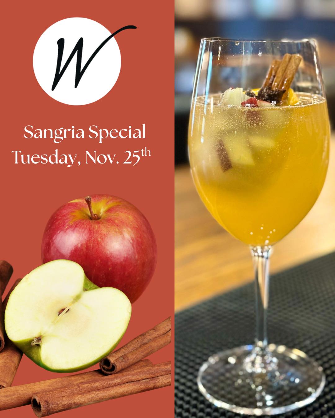 🍷✨ Thanksgiving Week Treat! ✨🍷
Sangria Tuesday is ON!
Before the holiday hustle hits full swing, come unwind with us this Tuesday and enjoy our Thanksgiving Sangria Special – perfectly spiced, fruity, and crafted to give you all the cozy fall vibes. 🍁
Whether you’re hosting, traveling, or just gearing up for a busy week, you deserve a moment to sip, relax, and breathe.
Make this week a little sweeter (and a lot more delicious).
Cheers to good company, good wine, and the start of a festive week! 🥂🍂