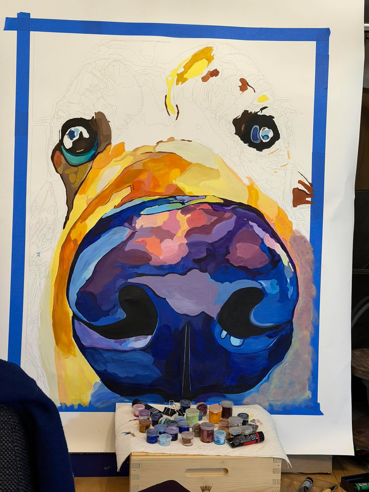 I tried the sponge on the right. Don’t know about mixing techniques. I like to go back and the end and fix the saturation and fix the edges. It’s going to be difficult with this because of how many shades I used and the scale of it. I seem to keep making them bigger.