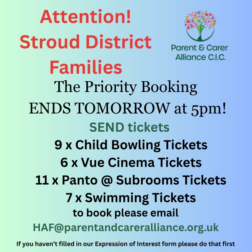 Last Chance to Book with Priority Booking!
Please note we can only book children with Special Educational Needs and Disabilities. If it is a Family Ticket then siblings will be booked on as well.
If you need to fill in an Expression of Interest Form with us please do that first, you can find the form here.
https://www.parentandcareralliance.org.uk/haf-eoi-form
#Send #parentandcareralliance #HAF