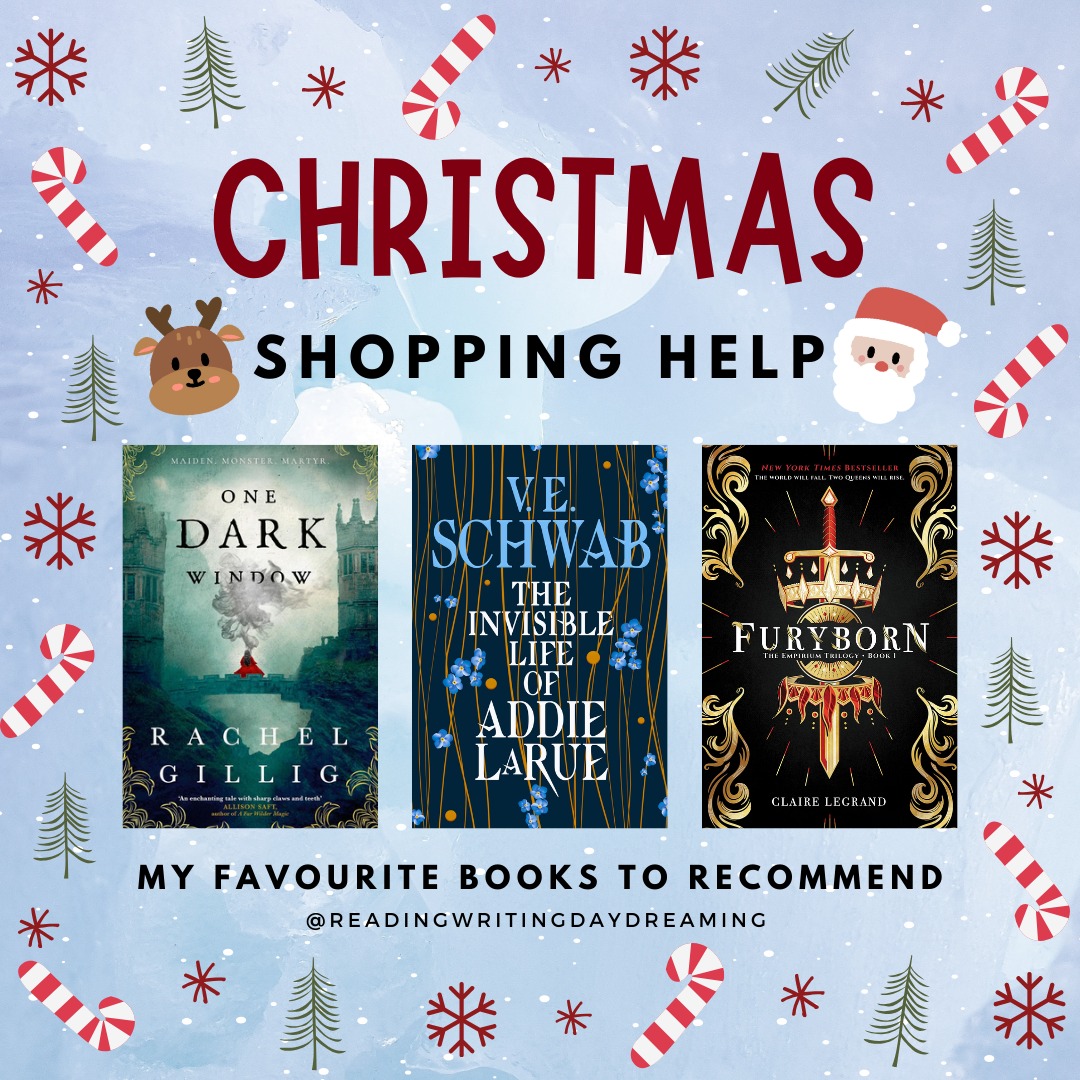 🎁🎅 Gift shopping can be really hard, so I thought I'd share some of my favourite books. There's a mix of fantasy, romance, young adult and why choose so something for everyone.
Share your book gift recs in the comments 🥰
🎁 One Dark Window by Rachel Gillig
🎅 The Invisible Life of Addie LaRue by V.E. Schwab
🎁 Furyborn by Claire Legrand
🎅 Katabasis by R.F. Kuang
🎁 Liars and Light by Rebecca Camm
🎅 Scythe by Neal Shusterman
🎁 A Thousand Pieces of You by Claudia Gray
🎅 Three Dark Crowns by Kendare Blake
🎁 Stalking Jack the Ripper by Kerri Maniscalco
🎅 The Knight and the Moth by Rachel Gillig
🎁 Wildfire by Hannah Grace
🎅 The Fine Print by Lauren Asher
🎁 Love on the Brain by Ali Hazelwood
🎅 A Sky of Storms by Chloe Hodge and Rebecca Camm
🎁 Broken Bonds by J. Bree
#readingwritingdaydreaming #bookstagram #bookish #bookworm #bookdragon #instabook #igreads #instabook #booksbooksbooks #booksofinstagram #readersofinstagram #read #reading #christmasbooklist #fantasybooks #contemporarybooks #youngadultbooks