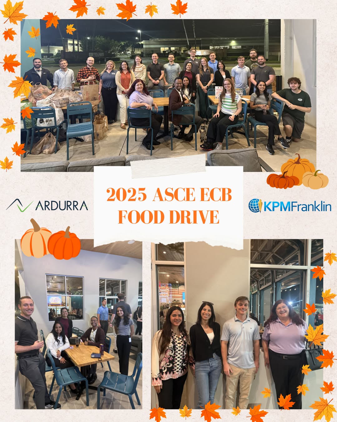 Last week ASCE ECB joined with @asce.ecb.ymf to host a food drive and happy hour! Together we donated 637 meals to Second Harvest Food Bank (@feedhopenow) and had a great time networking with both groups at @alacartsodo. Thank you to our sponsors @ardurra and @kpmfranklin for making this event possible. We hope everyone has a safe and Happy Thanksgiving! 🍁