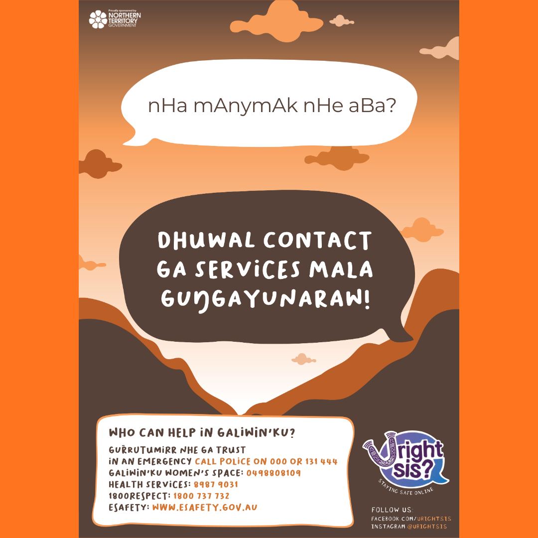 🧡 16 Days of Activism against Gender-Based Violence 🧡 Day 9
You right sis? Nha manymak nhe aba? - where to go for support
For Yolŋu people, health is more than the body — it is connection.
Connection to family, culture, gurruṯu (kinship), and wäŋa (Country).
When we care for these connections, we strengthen our mental health, our spirits, and our communities.
At Galiwin’ku Women’s Space (GWS), we walk alongside women and LGBTQIA+ community members, offering support with respect, safety, and cultural care.
✨ Crisis support & case management
For women experiencing domestic, family, or sexual violence.
✨ Wellbeing & healing programs
Bringing together culture, strength, art, and community.
✨ Therapeutic supports
Helping women and LGBTQIA+ people heal from trauma and reclaim their power.
📞 Contact Us
Art Therapist / Counsellor: 0488 135 027
Crisis Support: 0498 808 109
If you want to talk to someone outside community, you can call 13YARN (13 92 76) — a confidential, 24/7 support line run by Aboriginal and Torres Strait Islander people, for mob who want to yarn with someone who understands.
🚨 In an emergency, always call 000.
These resources were developed in partnership with @urightsis
🧡Safe. Everywhere. Always. 🧡
🧡 No violence. No silence. No excuses. 🧡
#NoExcuse #OrangeTheWorld #16Days #EndGBV #UNiTE #GaliwinkuWomensSpace #ForAllWomenAndGirls #ACTtoEndViolence
#16Days2025 #16DaysofActivism #SafeEverywhereAlways #URightSis #EndViolenceAgainstWomen #NoMoreViolence #CommunityStrong #GaliwinkuWomensSpace #UNiTE2025 #UnWomen #UNWomenAustralia #EndGBV #TurnUpRespect