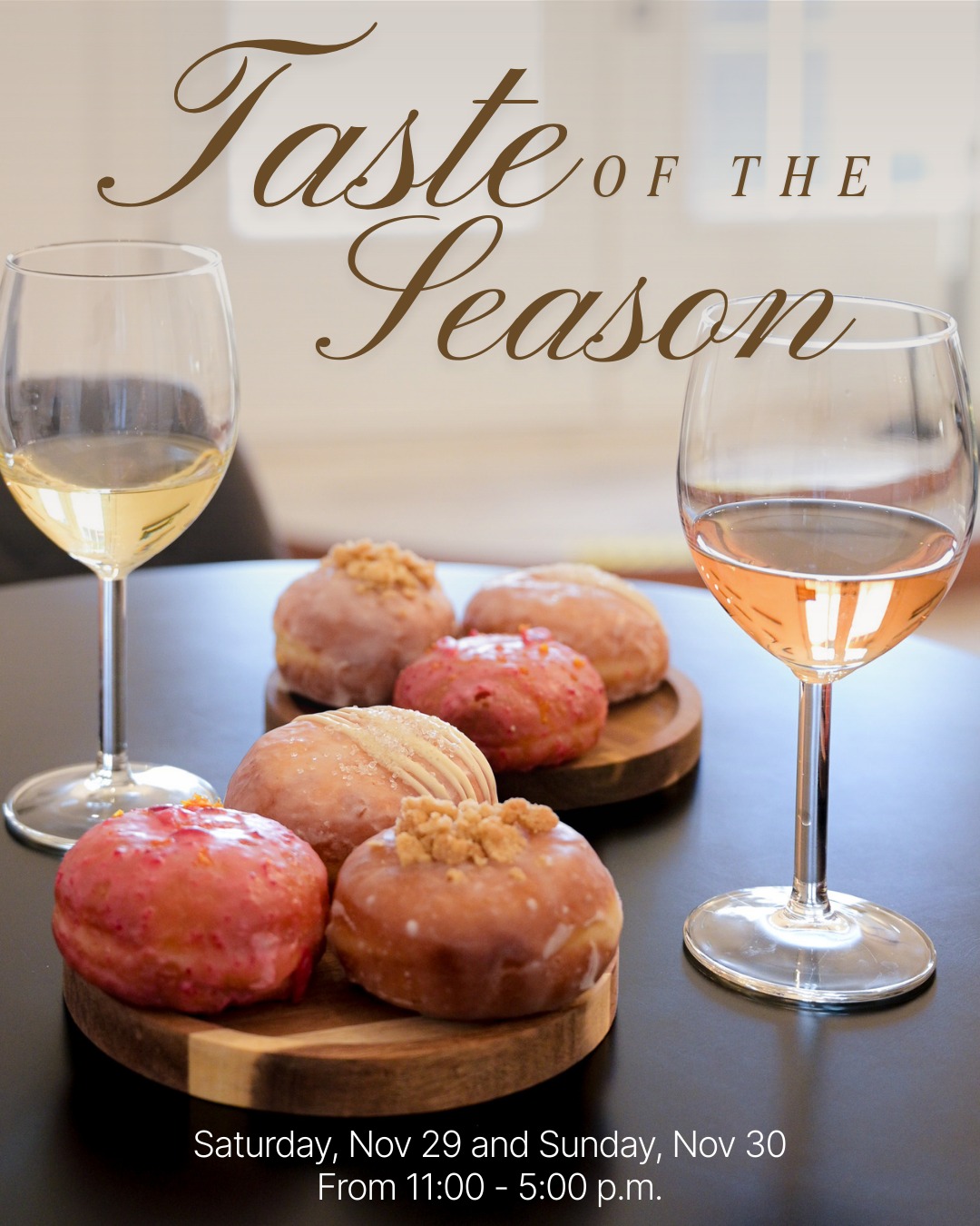 We are so looking forward to our Taste of the Season event on November 29 and November 30 from 11:00 am – 5:00 pm.
This year we are celebrating the the flavours of the season in the sweetest way. 🍷🍩
Here's what to expect:
✨ Gourmet Donut + Wine Pairing
Bring a canned food donation and enjoy one complimentary wine sample paired with a single gourmet donut from Bucketlist Coffee Roasters. Want the full experience? Guests can purchase a flight of three wines paired with three donuts at the regular flight price.
🎄 Holiday Cork Craft Station
Create a festive keepsake using wine corks — fun, simple, and perfectly seasonal.
🎁 3-Bottle Gift Box Draw
Every bottle purchased earns a ballot. Buy one or buy a case — each bottle boosts your chances!
No RSVP needed — just drop in, sip something new, and kick off the holiday season at Vivace! Your canned good donations will support local food banks. 💗
#YQG #EPICWineries