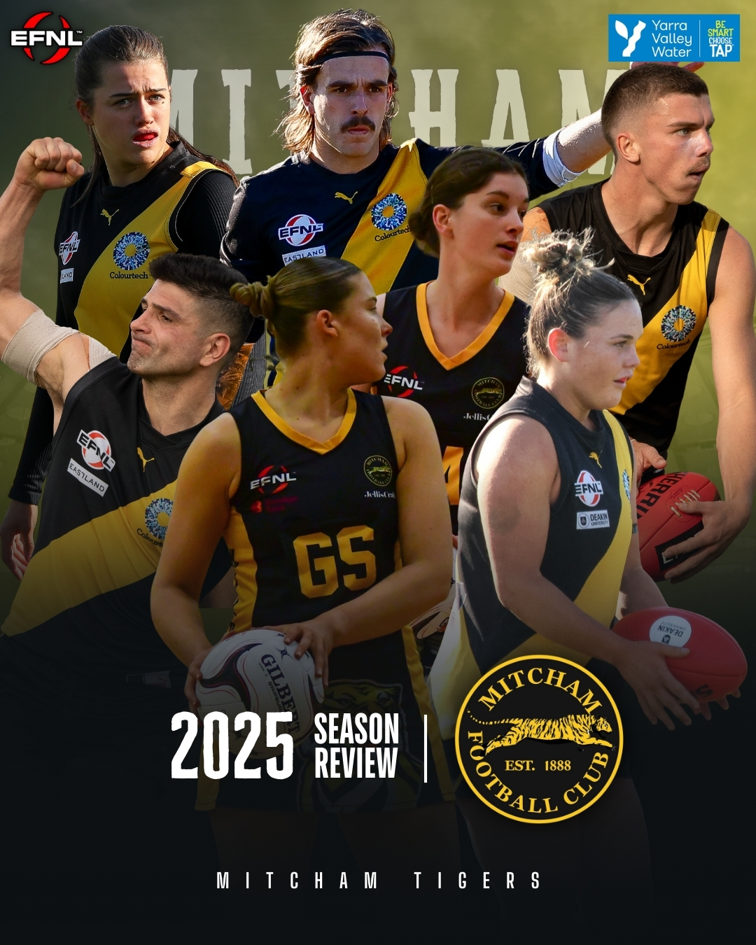 @yvwater 2025 Season Review | @mitchamfootballclub
A challenging year for the Tigers in Premier Division, while the Netball program grew to a total of ten teams.
Read the full article at EFNL.org.au.