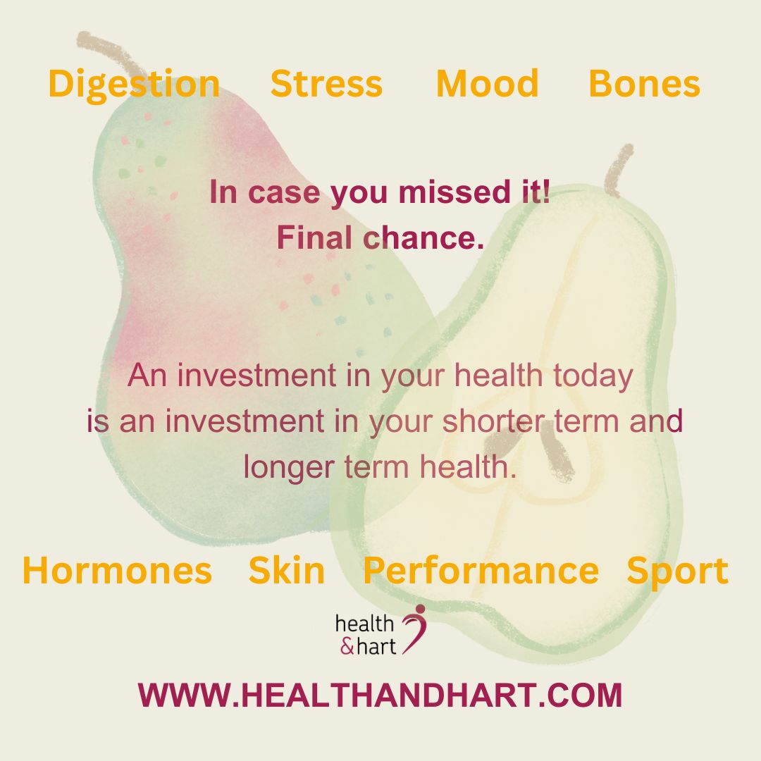 Final call!
Exceptional Black Friday offer.
Expect to feel motivated and in control!
Book two video consultations (ÂŁ150) only 45 min to 1 hour
December: For energy, immunity, sleep, digestion, mood, bone, hormones, skin, performance or sport
January: To reset digestion and routine. Easy to fit in, and from home
BOOK: Message me to book - offer ends 5pm on Saturday 29th November