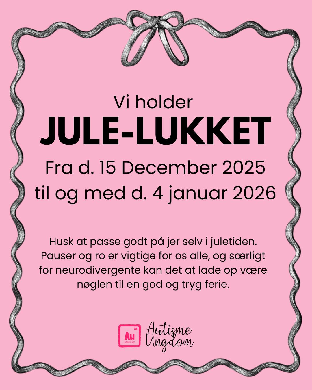 Vi holder juleferie fra d. 15. december 2025 til og med d. 4. januar 2026.
I den tid er der lukket for henvendelser.
Husk også at passe på jer selv i julen. Pauser, ro og tid til at lade op er vigtige for os alle, og særligt for neurodivergente kan det gøre en kæmpe forskel. ❤️✨
Vi glæder os til at være tilbage igen i det nye år!
#Juleferie #Neurodiversitet #autimeungdom