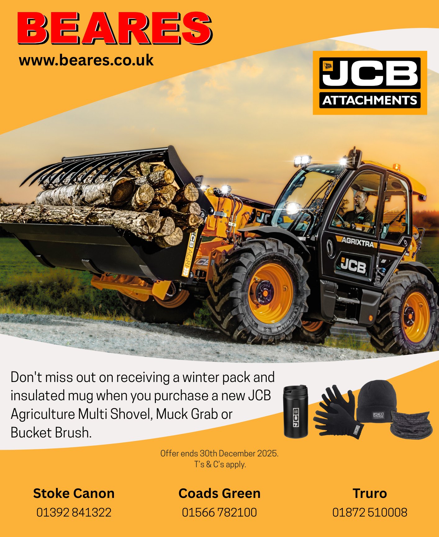 Don't miss out on receiving a winter pack and insulated mug when you purchase a new JCB Agriculture Multi Shovel, Power Grab or Bucket Brush.
Contact your local depot for more details.
Offer ends December 2025, Full details including T's & C's apply.
#Beares #jcb #jcbattachments #promotion #agri #agriculture #farming