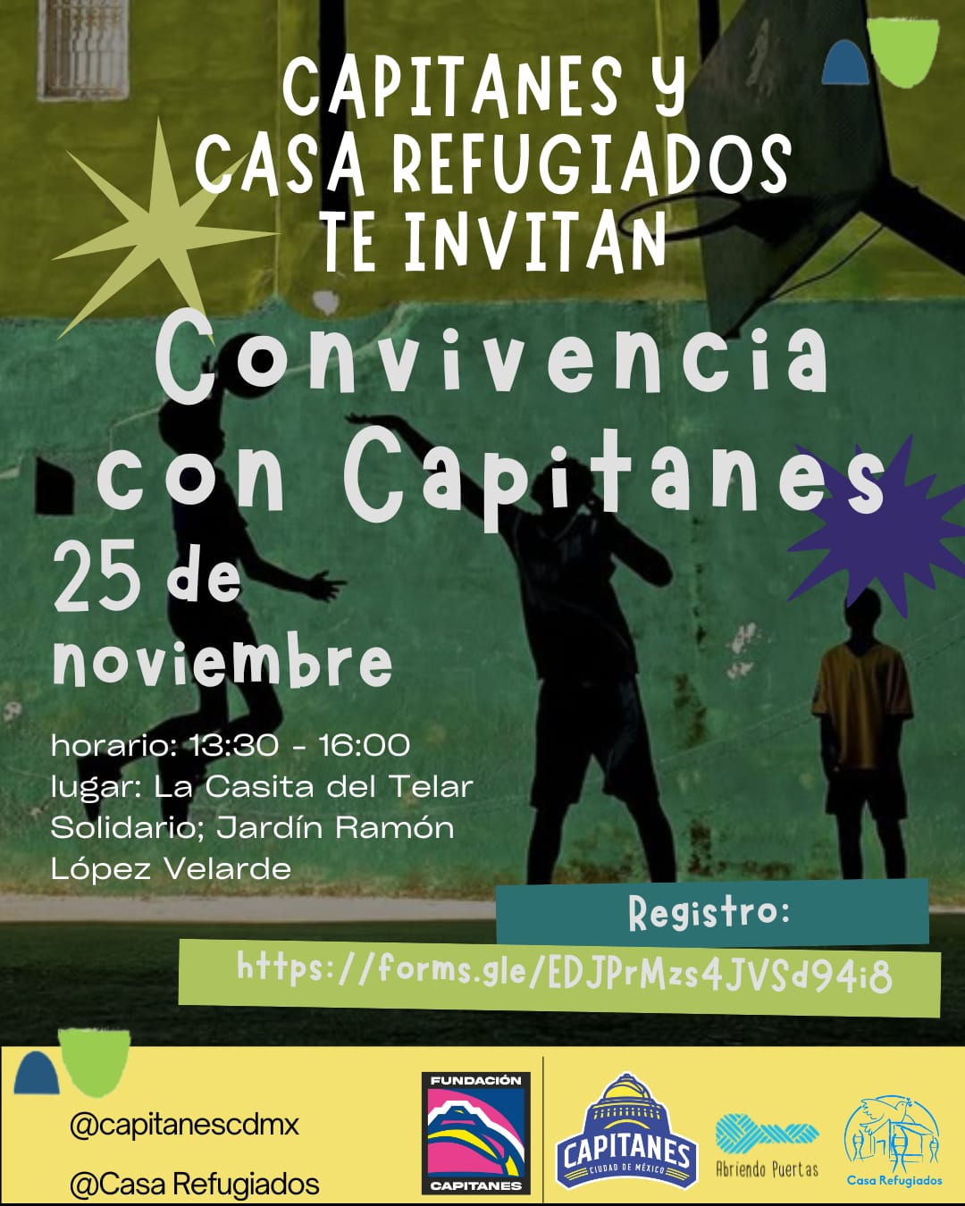 ✨ ¡La cancha se extiende más allá del juego! ✨🤝
Capitanes y Casa Refugiados te invitan a una jornada donde cada acción es un pase hacia una nueva realidad.
🗓️ 25 de noviembre ⏰ 1:30 PM - 4:00 PM 📍 La Casita del Telar Solidario, Jardín Ramón López Velarde.
Capitanes se suma a la preaparación de alimentos con amor para quienes más lo necesitan. Un acto de acompañamiento que nutre el cuerpo y el espíritu. ⛹️♀️ Jugar con el corazón: Después, ¡una reta de baloncesto épica con Capitanes! Porque la alegría es un derecho y una forma poderosa de convivir y celebrar.
Esta es una invitación a "tejer conexiones". A demostrar que el trabajo en equipo, el compartir y el ejercicio de derechos se viven con una sonrisa. ¡La felicidad no va separada de la solidaridad!
¿Listo para ser parte de esta experiencia única? 👉 Asegura tu lugar y regístrate ahora: https://forms.gle/EDJPrMzs4JVSd94i8
Solicita el link vía DM
¡Te esperamos para construir y celebrar juntos!
#MasAllaDelJuego #TejiendoConexiones #ConstruyendoPaz #CapitanesCDMX