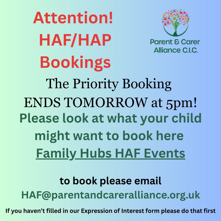 Last Chance to Book with Priority Booking!
Please note we can only book children with Special Educational Needs and Disabilities. If it is a Family Ticket then siblings will be booked on as well.
If you need to fill in an Expression of Interest Form with us please do that first, you can find the form here.
https://www.parentandcareralliance.org.uk/haf-eoi-form
To look at events look here https://familyhubs.gloucestershire.gov.uk/events-haf
#Send #parentandcareralliance #HAF