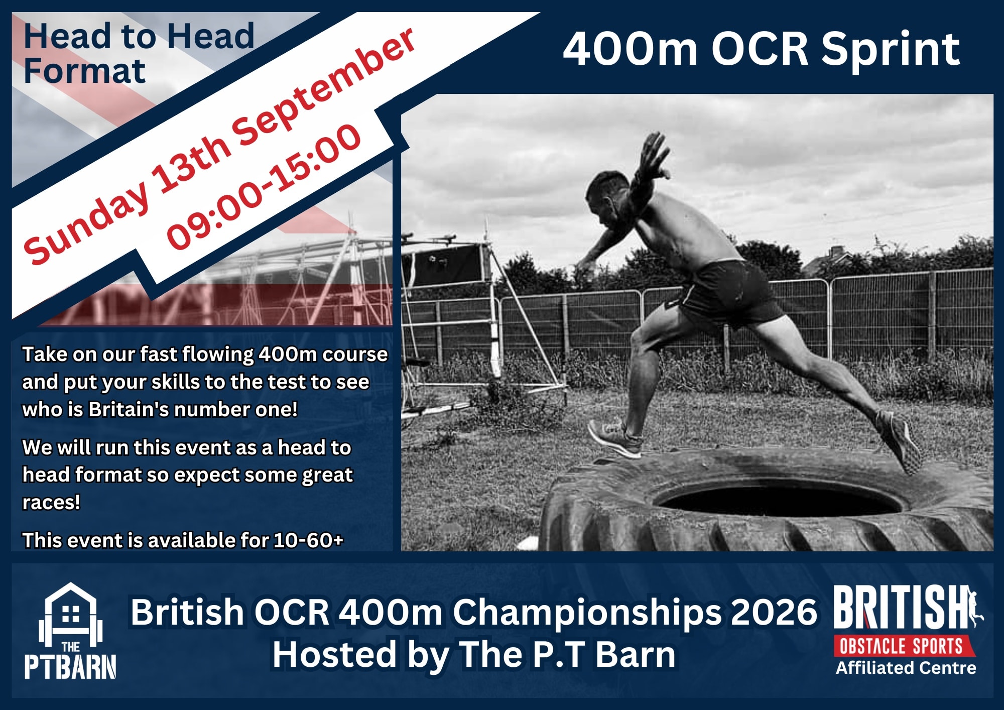 The P.T Barn will host the British OCR 400m Championships in 2026!
After running the 400m Trials in 2025, it was a privilege to be asked to run the 400m British Champs!
We have some great plans to create a fast flowing, championship standard course.
Full info can be found on our website.