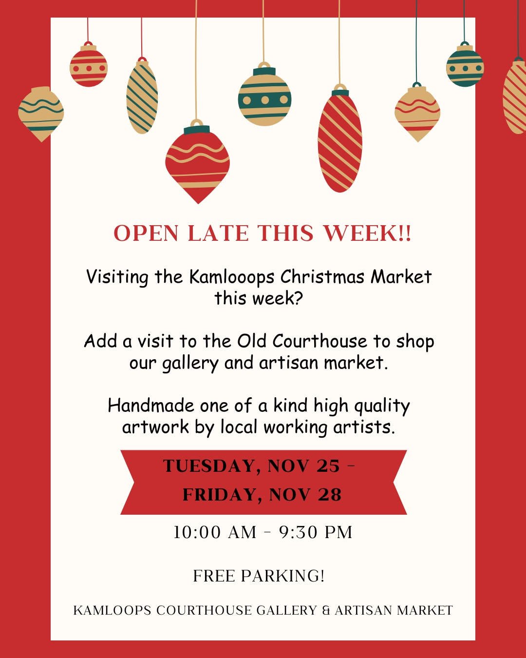 Open late this week for shopping! And don't forget we have free parking. The Old Courthouse, First & Seymour.
#tourismkamloops #downtownkamloops #shoplocal #kamloopsartist #kamloopslife #kamloopsbc