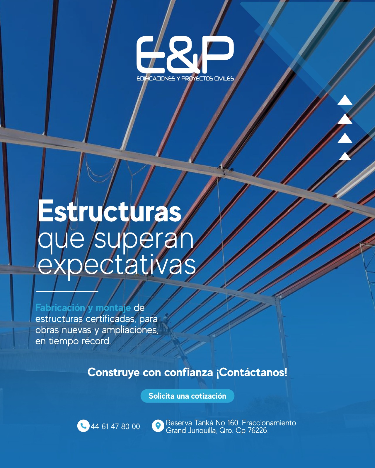 🏗️ Estructuras que elevan tu proyecto al siguiente nivel.
En E&P – Edificaciones y Proyectos Civiles, fabricamos y montamos estructuras certificadas con la máxima calidad y en tiempo récord.
🔧 Obras nuevas
🏢 Ampliaciones
📏 Soluciones a la medida
📲 SOLICITA HOY MISMO UNA COTIZACIÓN sin compromiso.
📲 WhatsApp: 4461478000
📍 Reserva Tanká No. 160, Fracc. Grand Juriquilla, Qro. C.P. 76226
💬 https://www.construccionbodegasqueretaro.com/
💼 E&P — Construimos el espacio donde crece tu industria.
#SolucionesIndustriales #InfraestructuraIndustrial #CalidadConstructiva #InstalaciónYMantenimiento #Queretaro #ConstrucciónIndustrial