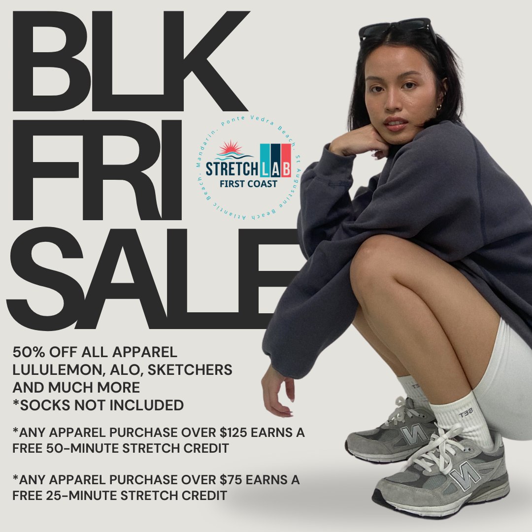 🖤✨ BLACK FRIDAY STARTS NOW! ✨🖤
All StretchLab apparel is officially 50% OFF the ticketed price!
(Excludes socks + recovery tools.)
But wait… it gets even better 👀👇
🎁 Spend & Get Bonuses:
• Spend $125+ → Get a FREE 50-minute stretch credit
• Spend $75+ → Get a FREE 25-minute stretch credit
Stock up on your favorite gear AND treat yourself to some well-deserved recovery time!
🛑 No refunds. Store credit only.
Store credit can be used on apparel only (not socks or recovery tools).
Grab the gear. Earn the stretch. Feel amazing.