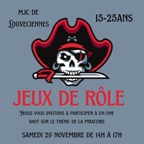 CLUB JEU DE ROLE 15-25 ANS
ONE SHOT PIRATERIE
Samedi 29 novembre de 14h à 17h
La Fabrique MJC
Les 15-25 relancent leur club JdR pour la saison 25-26.
Avant de partir sur une grande campagne, ils vous proposent plusieurs one-shot sur différentes thématiques. Sur cette session, la piraterie est à l'honneur !
Aucun matériel n'est nécessaire cependant vous pouvez apporter des choses à grignoter.
Et si vous n'êtes pas dispo sur cette session mais tout de même intéressés par le projet, dites le nous !
Pour les 15-25 ans
Entrée libre
Renseignements : 01.39.18.00.95 / info@lafabrique-mjclouveciennes.fr
