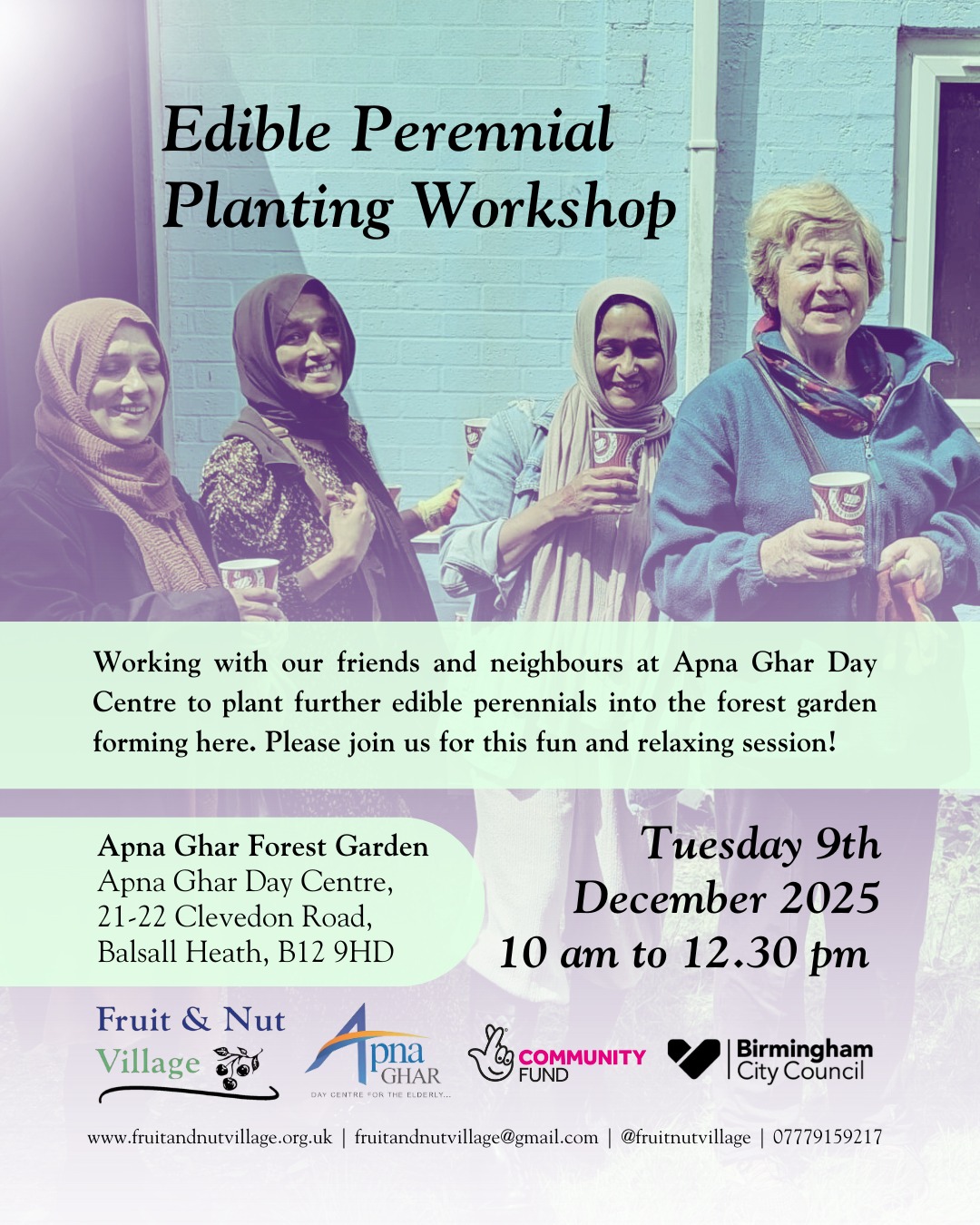 Edible Perennial Planting Workshop with our friends at Apna Ghar this #Winter!
We will be #planting further into the #ForestGarden that's forming here, so please join us for this fun and relaxing session amongst other dedicated #community volunteers.
Tuesday 9th September from 10 am to 12.30 pm in #BalsallHeath, the day centre is opposite our beautiful Reaside Forest Garden on Clevedon Road, which is also hosting multiple sessions this month.
Help us #GrowTheVillage before the year comes to an end.