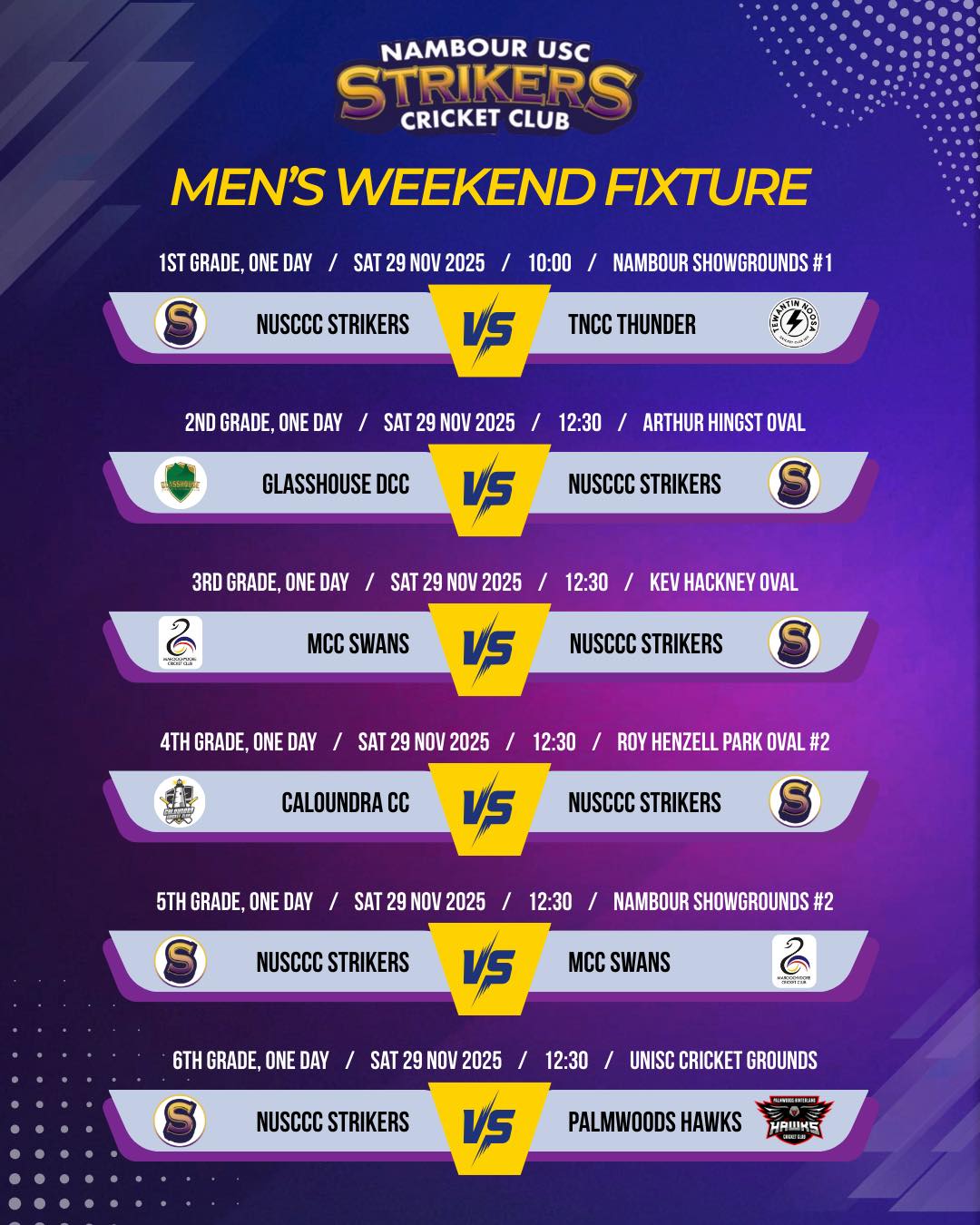 Fixtures for Strikers cricket this weekend 🏏
👉 Swipe to see the junior’s & women’s fixtures! #strikersspirit