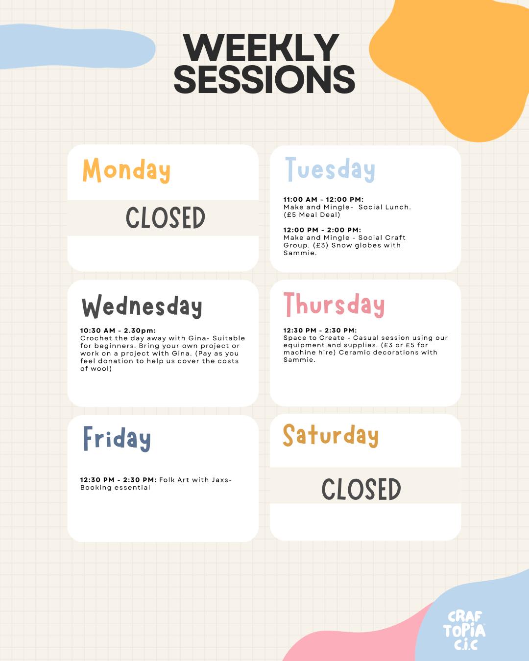 👩🏼🎨🧑🏼🎨Our weekly timetable. 👩🏼🎨🧑🏼🎨
Who’s coming? Comment below to book. ✨✨✨
We can’t wait to see you there! 💖
Sammie. Xox