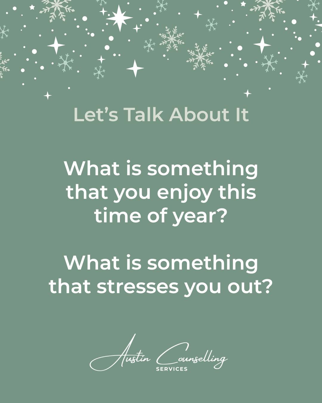 December and the holidays can be beautiful …and really overwhelming. If this time of year feels stressful, lonely, or complicated for you, you're not alone.
Let’s talk about it.
What is something that you enjoy this time of year & what is something that stresses you out?