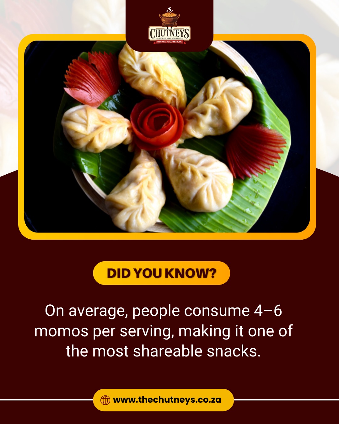 Momos: The Snack Meant for Sharing!
The perfect plate of momos isn’t just delicious it’s designed for sharing!
On average, people enjoy 4–6 momos per serving, making them one of the most social, share-worthy snacks out there.
Whether you're catching up with friends, taking a break at work or treating yourself, a plate of momos always brings people together.
Craving some? Tag your momo partner!
Follow us on social media for more info👇
Insta - @thechutneysrestaurant https://www.instagram.com/thechutneysrestaurant...
Fb - https://www.facebook.com/thechutneys
Web - https://www.thechutneys.co.za
#TheChutneys #AuthenticIndianCuisine #TasteOfIndia #FoodLoversParadise #IndianFoodie #FoodiesOfJohannesburg #MidrandEats #Momos