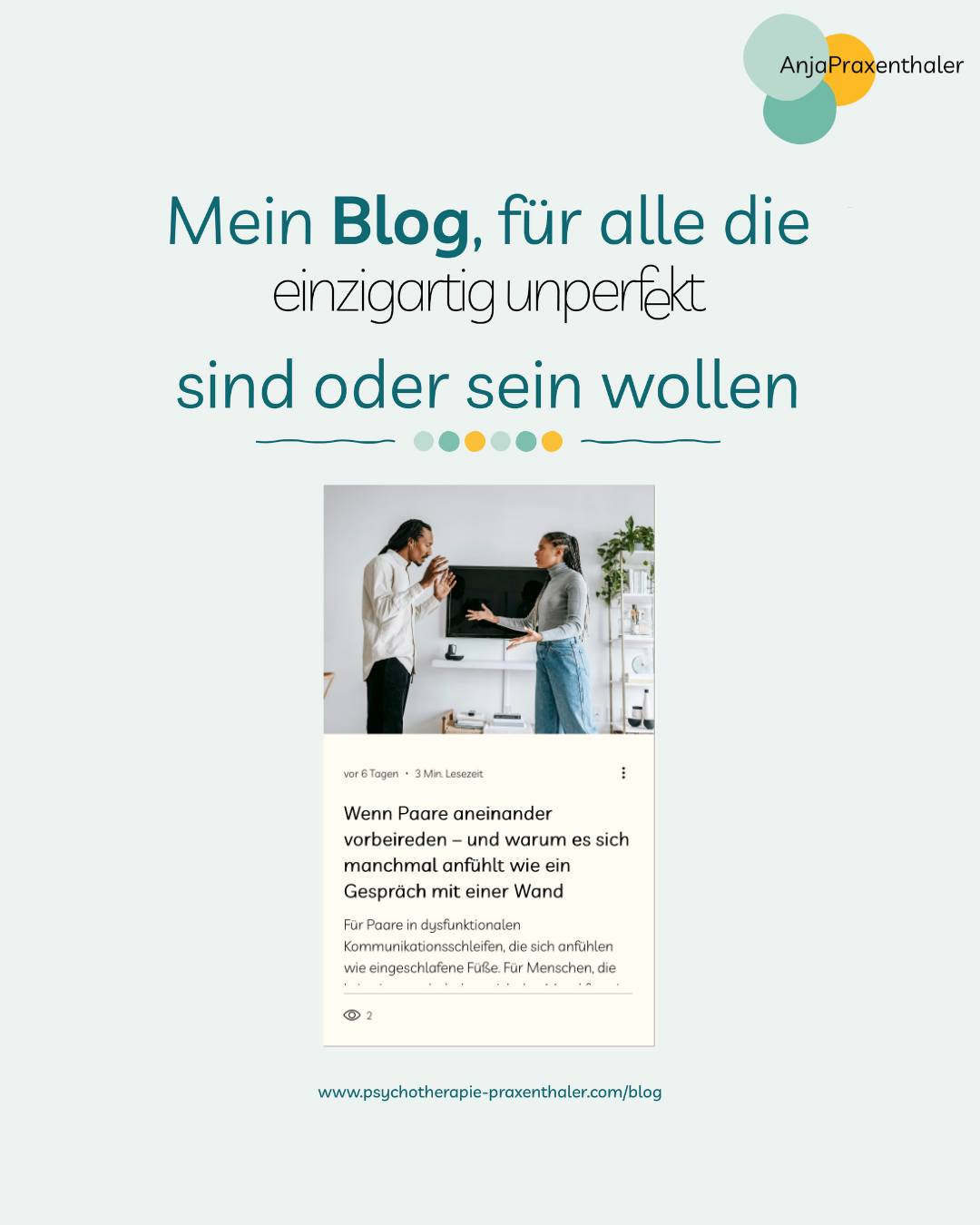 Mein Blog ist für alle da, die #einzigartigunperfekt sind oder sein wollen.
Ihr redet – aber irgendwie kommt nichts an?
Dieses Gefühl kennen viele Paare. Und oft steckt viel mehr dahinter als „schlechte Kommunikation“.
Im neuen Blogbeitrag erfährst du,
warum Gespräche manchmal ins Leere laufen,
warum sich Diskussionen wie Dauerschleifen anfühlen
und was wirklich hilft, damit ihr euch wieder versteht.
#HeilpraktikerinFürPsychotherapie #PraxisPraxenthaler #AnjaPraxenthaler #Einzeltherapie #Paartherapie #Coaching #einzigartigunperfekt