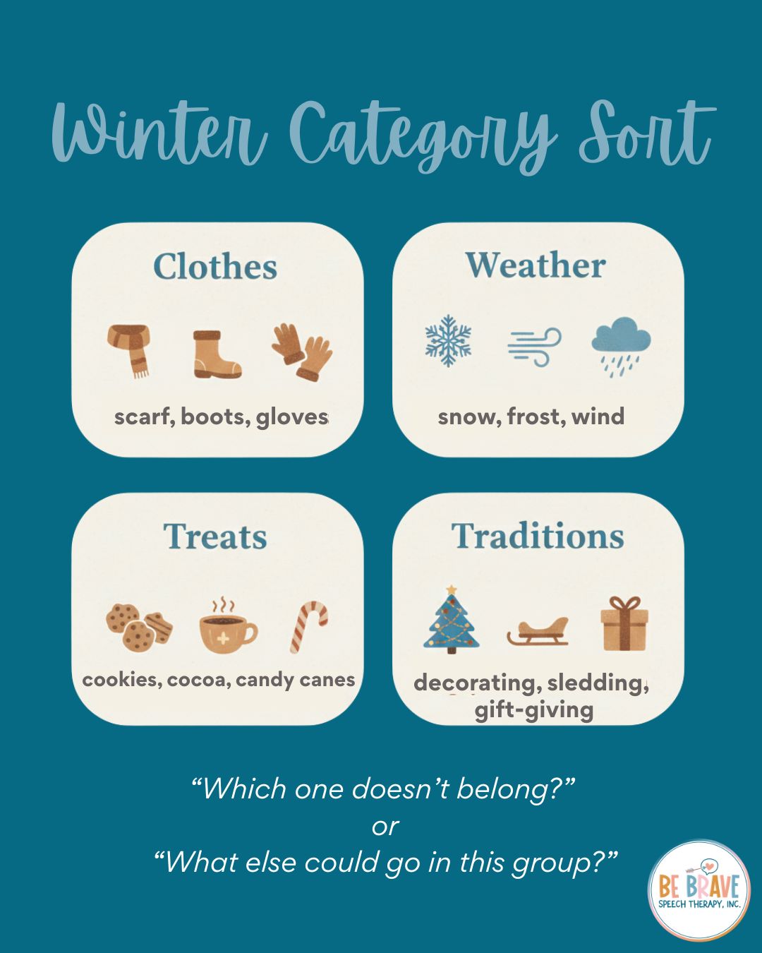 Sorting winter-themed items is a simple, play-based way to build your child’s vocabulary, categorization skills, and flexible thinking.
Try grouping items by:
🧣 Clothes – scarf, boots, gloves
🌬 Weather – snow, frost, wind
☕ Treats – cookies, cocoa, candy canes
🎁 Traditions – decorating, sledding, gift-giving
As you sort together, ask questions like:
- “Which one doesn’t belong?”
- “What else could go in this group?”
Little moments like these support language growth, problem-solving, and conversation skills — all while keeping winter play fun and cozy!
#SpeechTherapyIdeas #LanguageDevelopment #WinterActivitiesForKids #PlayBasedLearning #SLP #SpeechTherapist #BeBraveSpeechTherapy #SpeechAndLanguage #CategorizationSkills #WinterSpeechTherapy #EarlyLanguageSkills #ParentEducation #escondidomoms #escondidocalifornia #sanmarcosmoms #sanmarcoscalifornia #northcountysdmoms #valleycentercalifornia #fallbrookcalifornia #sandiegoslp #SpeechTherapy #SpeechPathologist #PrivatePracticeSLP #pediatricslp #escondidokids #sanmarcoskids #hiddenmeadows