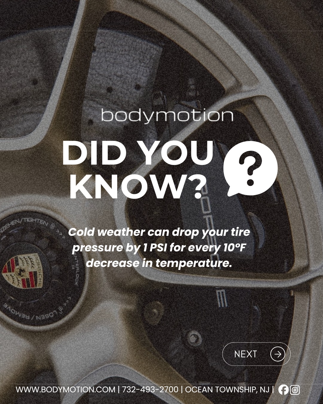 ❄️ Cold weather affects more than just your commute, it affects your tires. ❄️
A drop of 10°F can lower your tire pressure by 1 PSI, impacting handling, fuel efficiency, and the overall lifespan of your tires. Proper tire care isn’t just maintenance… it’s performance protection. 🛞⚙️
At Bodymotion, we’re proud to be an authorized BBS and HRE installer and distributor, with access to all major wheel and tire manufacturers. Whether you need a seasonal check or a full wheel + tire upgrade, our team will help you find the perfect package for your vehicle. 🏎️✨
⭐️ Where performance meets peace of mind ⭐️
📍 Ocean Township, NJ
🔧 www.bodymotion.com
📱 732-493-2700
#Bodymotion #BodymotionNJ #WheelAndTire #TirePressure #WinterDriving #PerformanceCars #AutoService #MonmouthCounty #CarCare #NJtires #carmatinenceNJ
