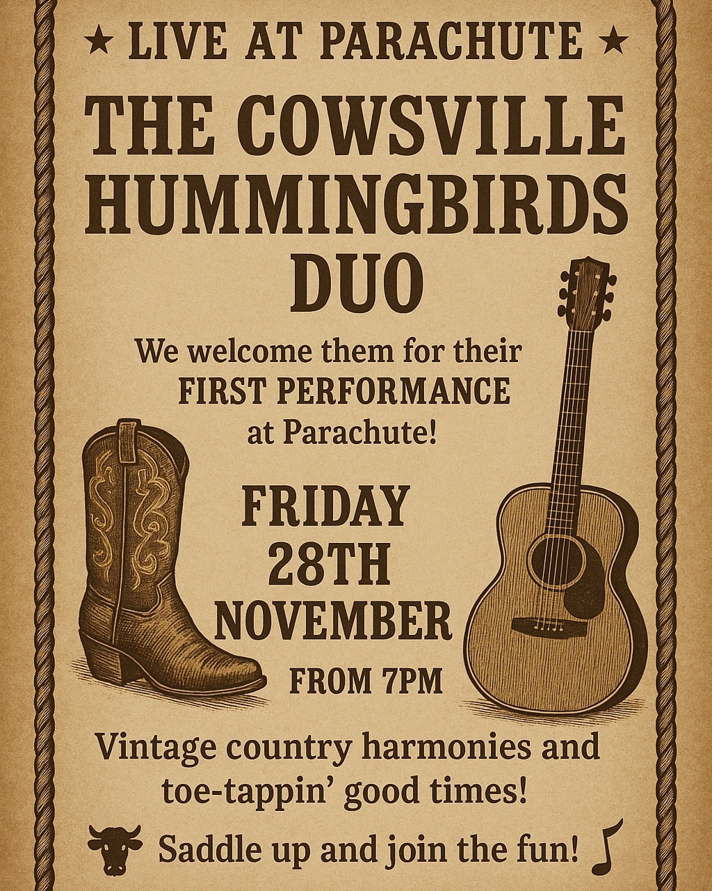 Tomorrow night we have the amazing Cowsville Hummingbirds Duo performing for the first time at Parachute !!
As well as a performance, we also have Sarah Thai Catering back again serving their delicious food to enjoy while you watch and listen