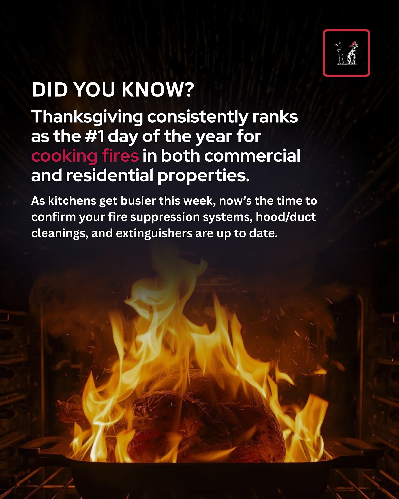 Thanksgiving is the busiest day of the year for cooking-related fires — and that trend affects commercial properties just as much as homes.
With kitchens, cafés, and onsite food services operating at full speed this week, it’s more important than ever to make sure your fire and life safety systems are ready:
• Confirm hood and duct systems are clean
• Check suppression system readiness
• Verify smoke detectors and alarms in high-use areas
• Ensure extinguishers are accessible and up to date
A few proactive steps now help keep your building safe, compliant, and running smoothly through the holiday rush. 🍁🦃
#FireSafety #LifeSafety #ThanksgivingSafety #Thanksgiving