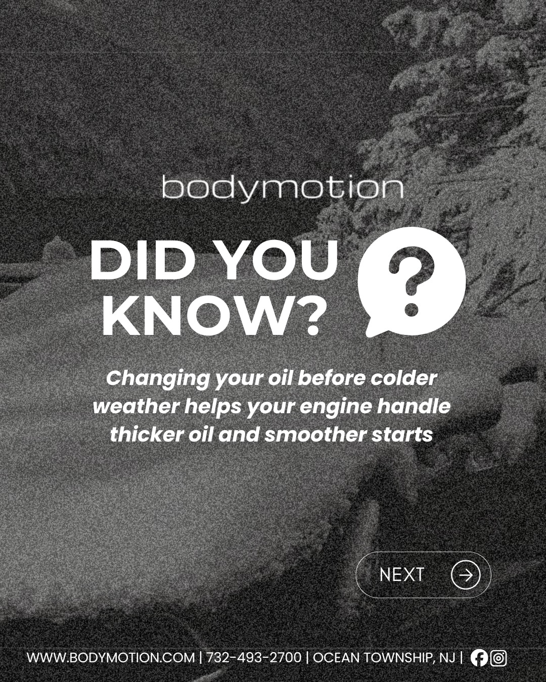 Colder weather is coming and your engine feels it. ❄️🛠️
As temperatures drop, oil naturally thickens, making it harder for your engine to start and run smoothly. Regular oil changes keep everything protected, efficient, and performing at its peak.
A quick service now can prevent rough starts, unnecessary engine wear, and costly repairs down the road. A little maintenance today means a lot more peace of mind later.
Trust our factory-trained team at Bodymotion for full-service maintenance and expert oil changes to keep your vehicle running reliably all season. 🚗✨
📍 Ocean Township, NJ
🔧 www.bodymotion.com
📱 732-493-2700
#Bodymotion #BodymotionNJ #CarCare #WinterMaintenance #OilChange #AutoService #PerformanceCars #MonmouthCounty #EngineCare