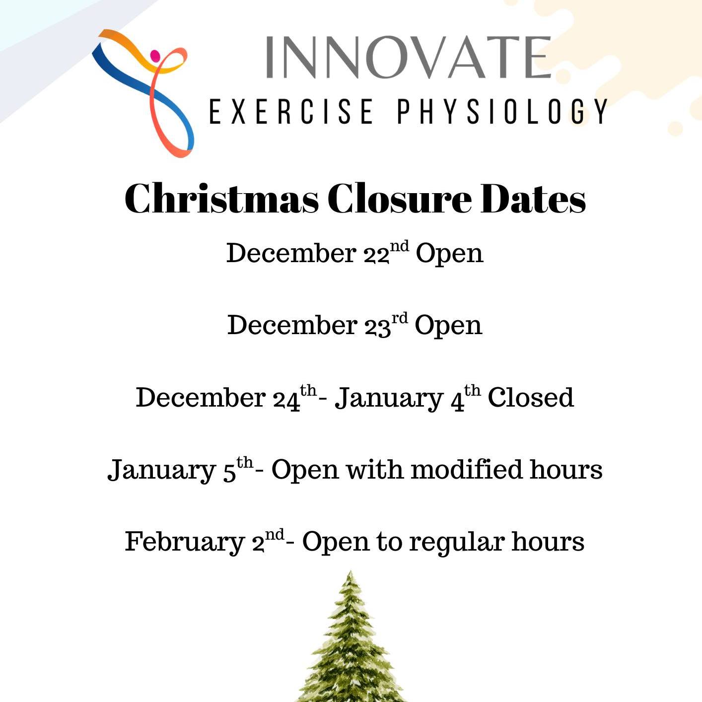 As we wrap up another big year at Innovate Exercise Physiology, here are our Christmas & New Year opening hours. Thank you for your support and understanding, wishing everyone a safe and happy holiday season!
🎅🎄🎅🎄🎅🎄