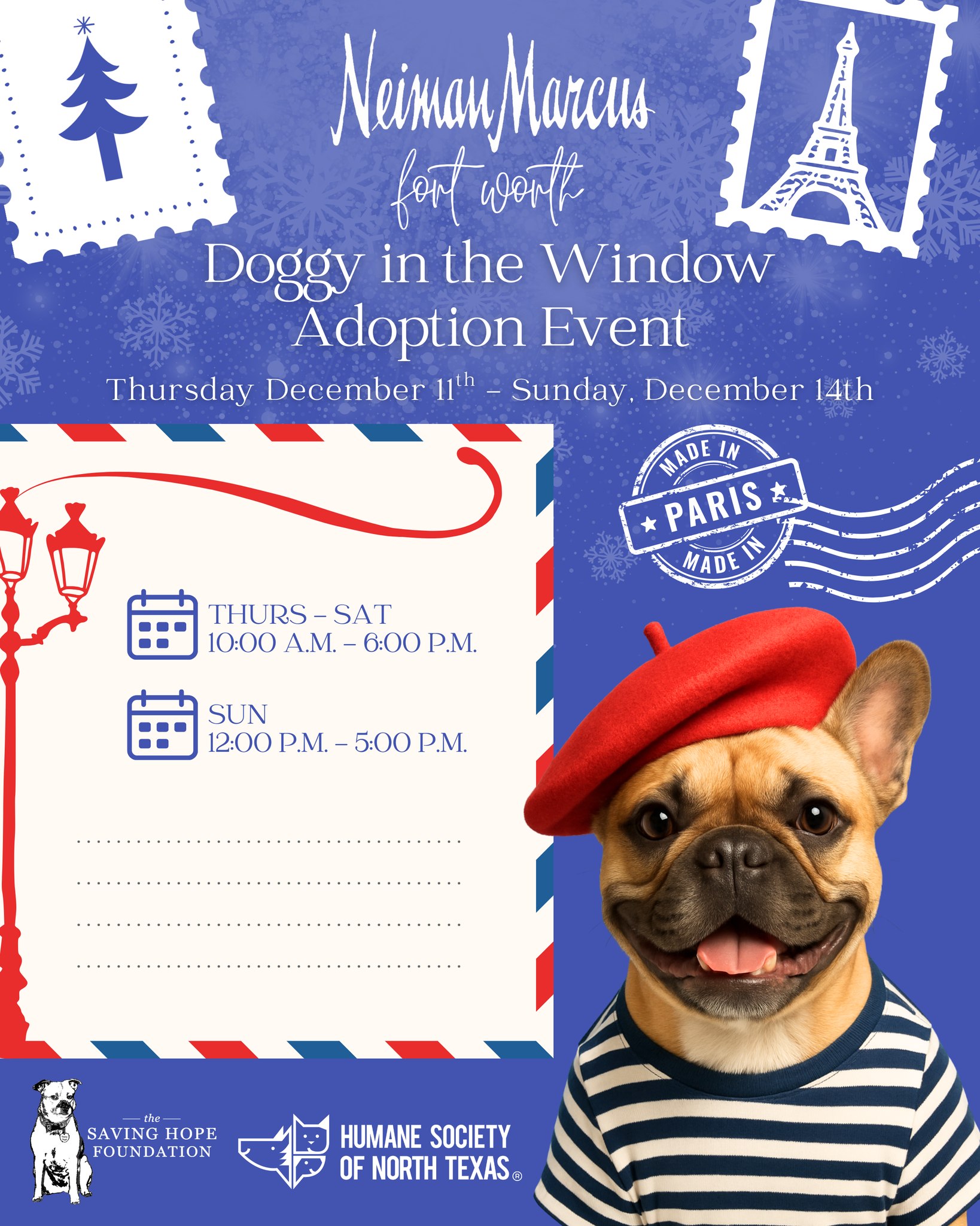 The Humane Society of North Texas, in partnership with @neimanmarcus and @thesavinghopefoundationfw, invites you to our annual Doggy in the Window Holiday Adoption Event, which will be held at the Neiman Marcus at the @shopsatclearfork in Fort Worth from December 11th to December 14th!
We will have our adoption trailer full of festive pups and fluffs for you to bring home just in time for the holidays. 🎄
Come adopt the doggy (or kitty) in the window!
Schedule:
Thursday – Saturday, December 11-13
10 a.m. to 6 p.m.
Sunday, December 14
12 p.m. to 5 p.m.
LINK IN BIO
#christmas #clearfork #neimanmarcus #hsnt #happyholidays #savinghopefoundation #doggyinthewindow