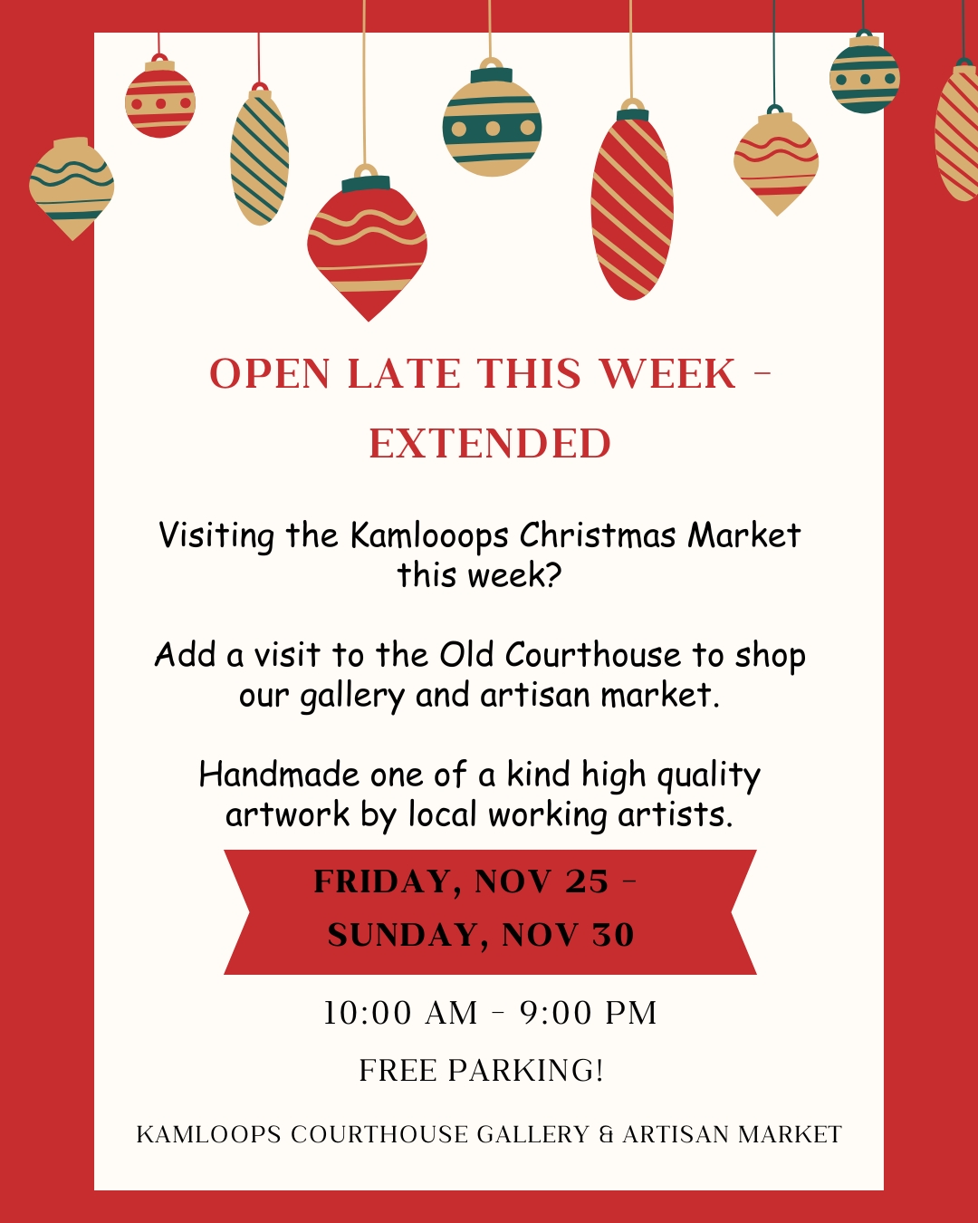 We're extending our "Open Late" times for this weekend.
Be sure to stop in and browse our high quality artwork by local artists. #kamloops #kamloopsbc #kamloopslocal #kamloopsevents #kamloopsliving #kamloopsartisan #kamloopstourism #kamloopsart #explorekamloops #kamloopsbcnow #kamloopsdowntown #downtownkamloops #yka #christmasmarket #kamloopslife