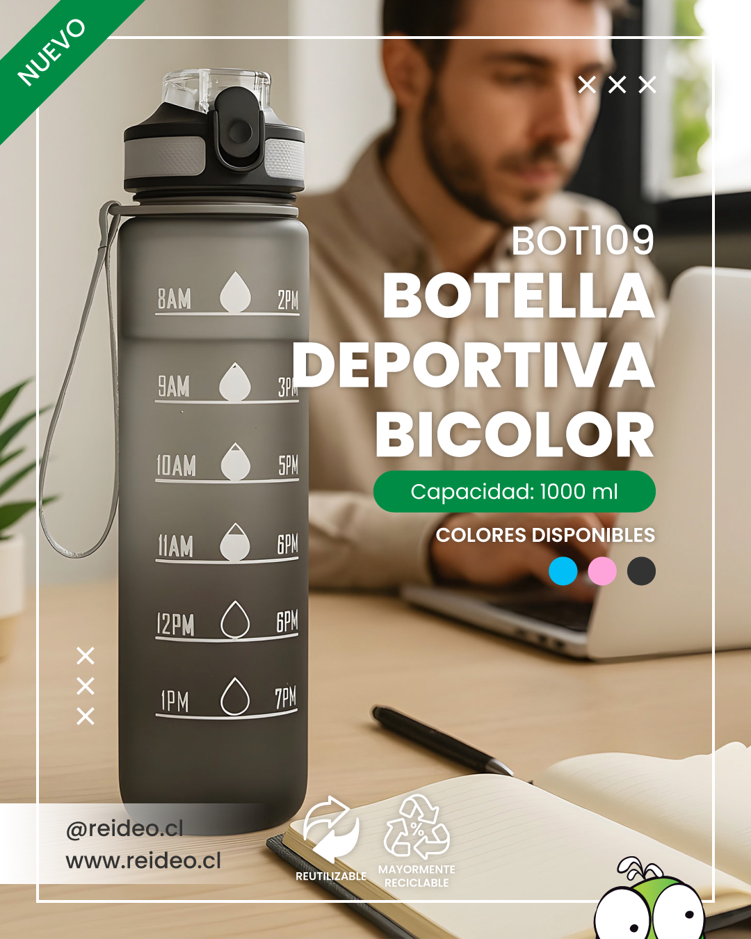 "BOTELLA DEPORTIVA BICOLOR. FÁCIL Y PRÁCTICO PARA LLEVAR A CUALQUIER PARTE" 🏃🚵😋
👉Medida: Ø 7 x 28cm. (con tapa) .
👉Capacidad: 1000 ml
👉 Material: Plástico PETG, polipropileno, poliestireno y silicona
En nuestra web podrán encontrar catálogos con la temática más importante del rubro promocional. WWW.REIDEO.CL 👈
📱+56947547994
🌐 ventas@reideo.cl
✉️ ventas2@reideowebler.com
#botella #deporte #merchandisingchile #merchandisingempresarial #regalospublicitarioschile #regalospublicitarios #empresas #santiago #chile #conlogo #regalo #lapicespersonalizados #lapicesconlogo #lapicespublicitarios #reutilizable #freebpa