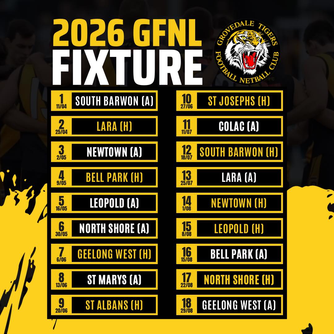 Our 2026 FIXTURE for netball and senior men’s is here. Bring it on 💪💛🖤🐯