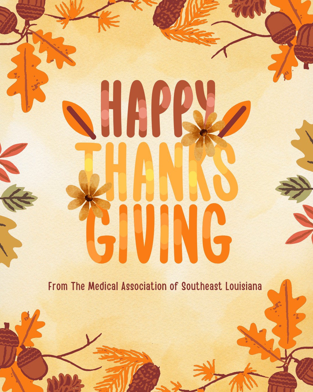 A Moment of Gratitude 🧡
We hope everyone is enjoying a restful and meaningful Thanksgiving with family and loved ones!
This season, we want to express our heartfelt appreciation for your dedication to the health and well-being of our community. Thank you for the work you do every day and for being a valued part of the Medical Association of Southeast Louisiana.
Wishing you continued joy, connection, and renewal as we celebrate the holiday season!