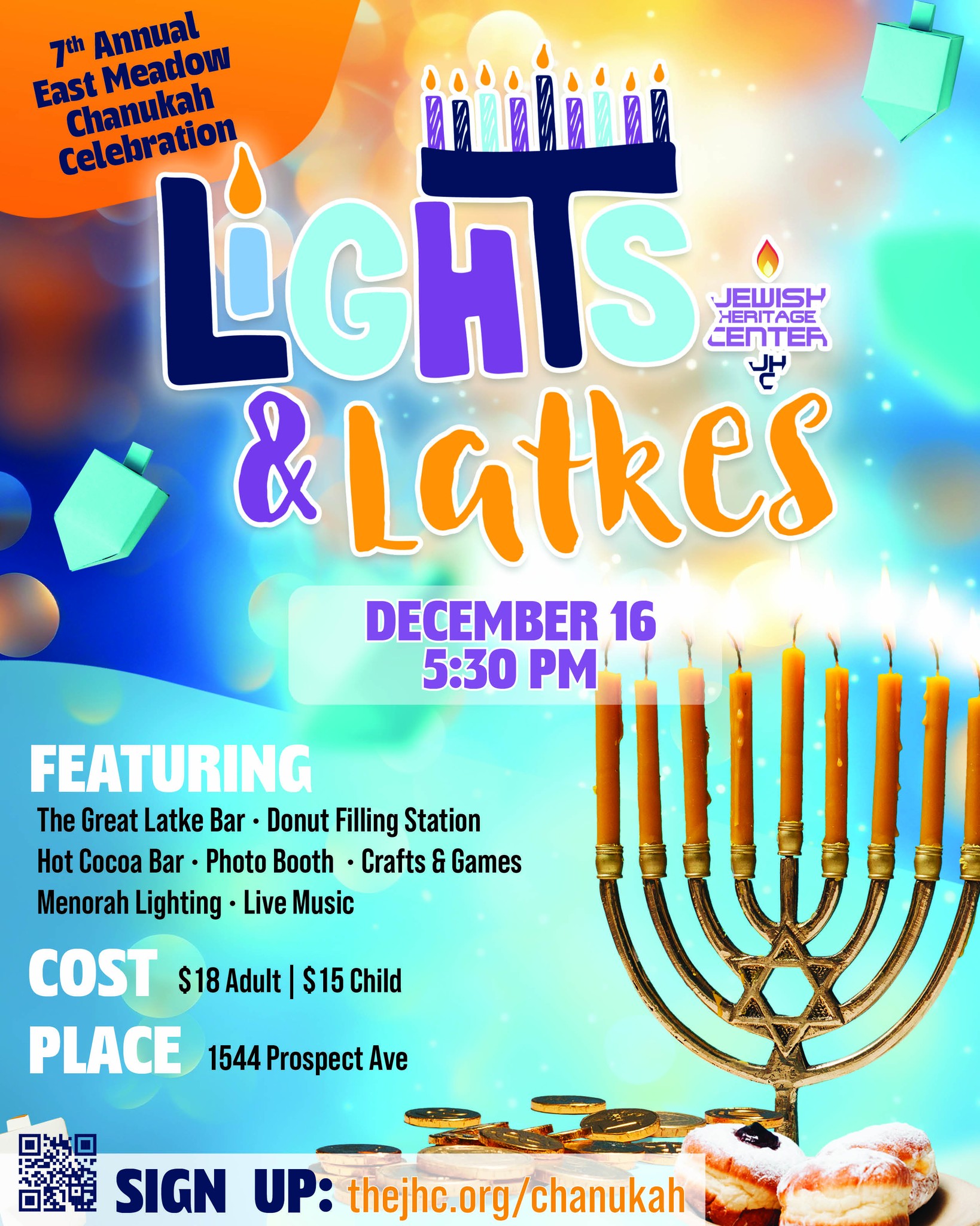 It’s Back! The 7th Annual Lights & Latkes!
Join us for latkes, donuts, crafts, music, and menorah lighting.
Bring the whole family! 🎉
Sign up: https://www.thejhc.org/chanukah