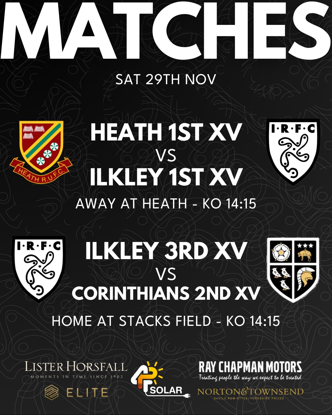 Our 1st XV travel to Heath on Saturday for what is set to be a big match for the lads!
Our 3rd XV are home at Stacks Field hosting Corinthians 2nd XV.
Both matches kick off at 14:15 and don't forget to tune into @drystone_radio for live 1st XV commentary too.
Saturday 29th November
Heath 1st XV vs Ilkley 1st XV - Away at Heath - League - KO 14:15
Ilkley 3rd XV vs Corinthians 2nd XV - Home at Ilkley - League - KO 14:15
#uptheilk #irfc #ilkley #100percentilk #COYD #rugby #ilkleyrugbyclub