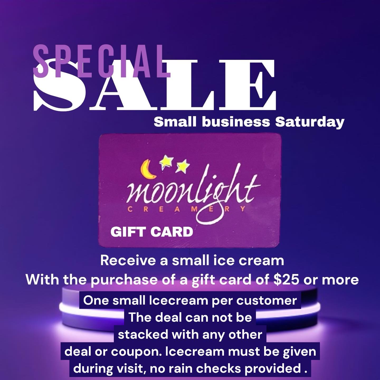 🎉 **Happy Holidays, Everyone!** 🎉
I hope you're all taking advantage of our fantastic **Black Friday deal** today! We're open until **10 o’clock tonight**, so there's still time to grab this amazing ofter!, And don't forget to pick up your **Pint of the Month Club** cards for yourselves to while you're here!
Looking ahead to **Small Business Saturday**, we have something special for you! To celebrate, we’re treating those who are treating others. When you purchase a **gift card** for **$25 or more**, you’ll receive a **free itty-bitty ice cream** on us! 🍦
Just a quick note: this offer is limited to **one small ice cream per guest** and must be redeemed during your visit on Small Business Saturday—no rain checks, sorry!
Thank you for supporting local businesses. We can’t wait to see you!