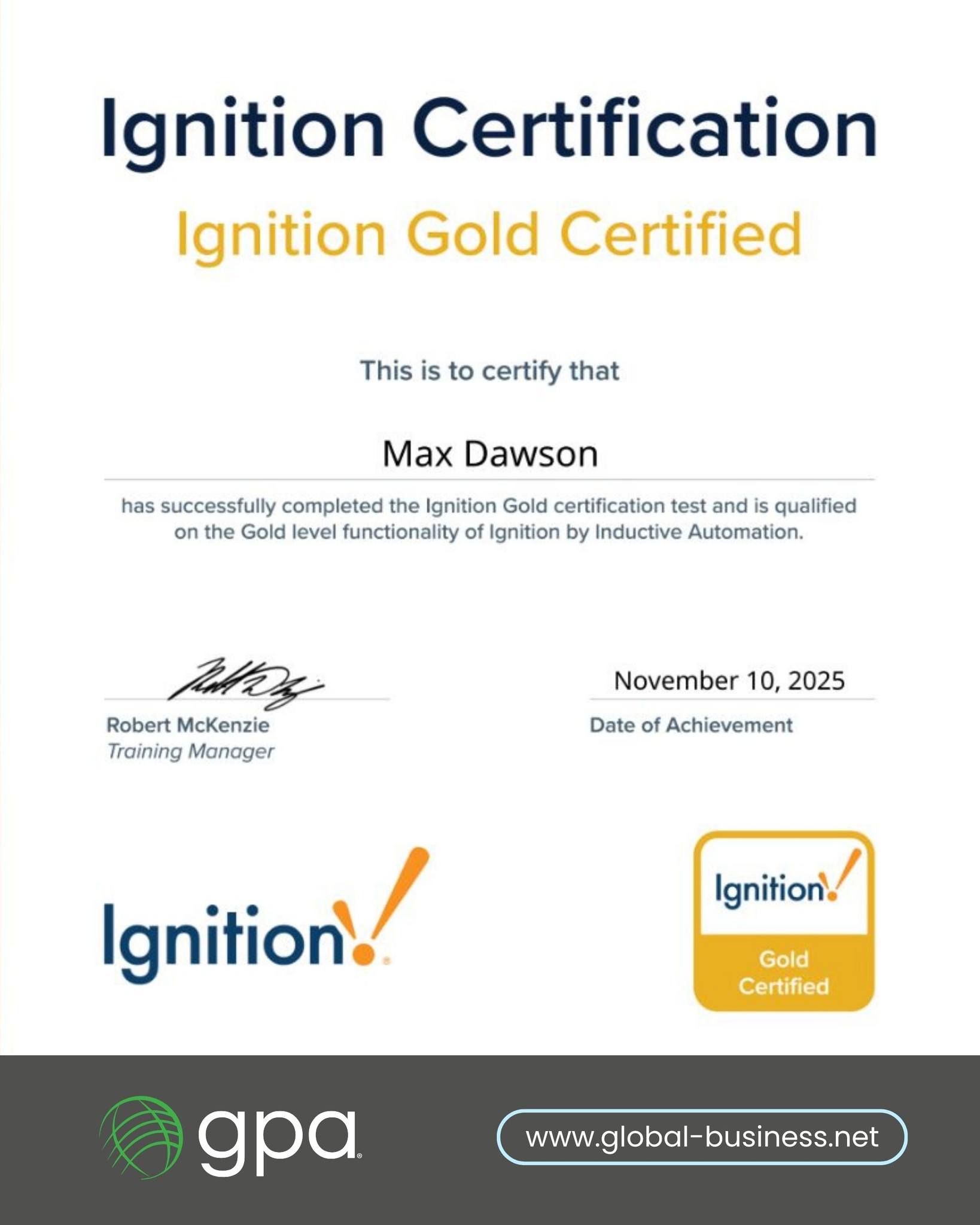 GPA Strikes Gold!
We are proud to recognize Max Dawson, Software Developer II, for earning his Ignition Gold Certification from @inductiveautomation. His dedication to learning and passion for solving real industrial challenges help strengthen the solutions we deliver every day.
Read more about Max’s achievement here: https://www.global-business.net/post/gpa-strikes-gold-celebrating-our-ignition-gold-certified-talent
#Ignition #InductiveAutomation #DigitalTransformation #ManufacturingSolutions #SystemIntegration #GPATeam #CareerGrowth #OperationalTechnology #MES #IndustrialAutomation