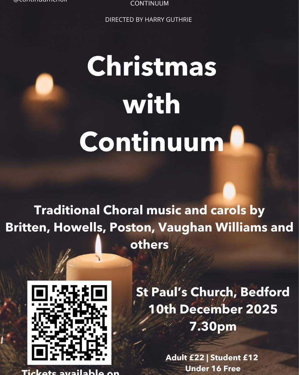 Professional chamber choir, CONTINUUM, returns to St Paul’s Church, Bedford on Wednesday 10 December.
Scan the QR code for tickets and to hear us perform.
Advance booking recommended.