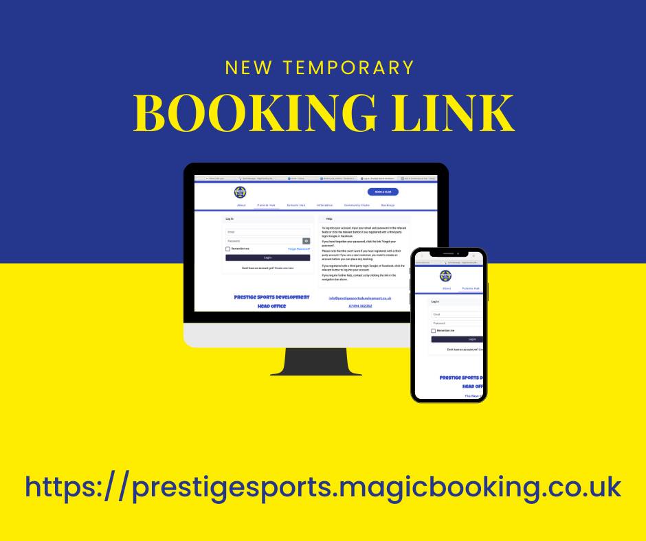 We have been informed by our booking provider that our normal booking link may experience some issues and not work as normal. We are unsure of how long this will be for and we are working hard to get this back running as normal as quick as possible.
In the meantime we have a new direct link to the system:
https://prestigesports.magicbooking.co.uk/Identity/Account/Login
If you do experience any problems when booking, please email us on bookings@prestigesportsdevelopment.co.uk and we will be more than happy to assist you.
๐ต๐