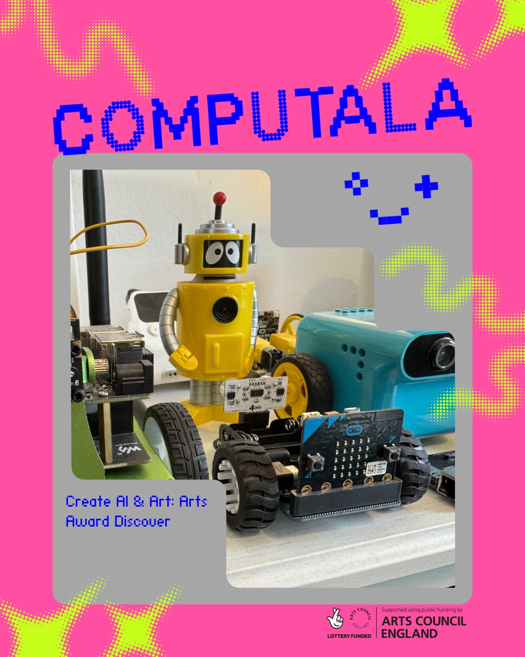 Arts Award Discover course with Interact Digital Arts @seancuttlefish
Arts Award Discover is the first level of Arts Award that introduces children and young people to taking part in arts activities and sharing what they have learned, accredited by Trinity College London. Find out more athttp://artsaward.org.uk
Over 2 sessions learn how to train your own AI model with Microbit and use it to control an interactive artwork. Your 8-12 year olds can earn an Arts Award Discover if they attend the second session.
Saturday 10th January 1pm-3pm (during @cqearlies)
AND
Saturday 17th January 1pm-4pm in our CoLab
For more information and to sign up pay as you feel, see our Linktree in our bio.
Supported by @acegrams National Lottery Project Grants <3