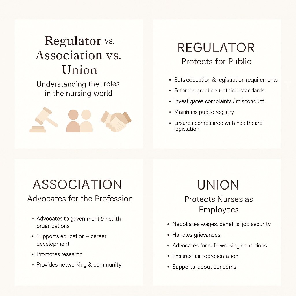 There’s often confusion about the roles of a regulator, an association, and a union in nursing but each plays a completely different part in supporting both nurses and the public.
Here’s the breakdown 👇
REGULATOR → Protects the public.
Sets education + registration requirements, enforces standards of practice and ethics, ensures continuing competence, investigates complaints, and maintains the public registry of license holders.
ASSOCIATION (YNA!) → Supports and advances the profession.
Associations advocate for nurses, offer education and career development, promote research, build professional community, and celebrate members’ achievements.
UNION → Protects workers’ employment rights.
Negotiates wages, benefits, and working conditions; processes grievances; supports workplace issues; and promotes safe, fair labor practices.
