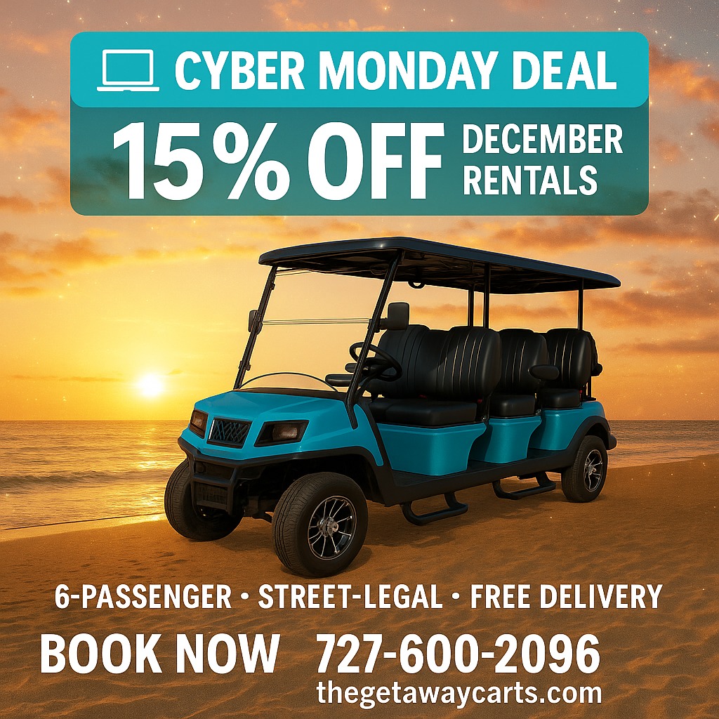 🎉 CYBER MONDAY (Sunday) BEACH DEAL! 🎉
Ready to cruise into December in style? 🌴
This week only — Get 15% OFF any multi-day rental for December!
🛺 6-Passenger • Street-Legal • Free Delivery
📅 Rental must be in the month of December!
💸 Discount automatically applied when you call to book!
👉 Call/Text: 727-600-2096
🌐 Book Online: thegetawaycarts.com (link in bio)
☀️ Don’t wait — spots fill fast around the holidays!
#TheGetawayCarts #ShorelineSheldon #CyberMonday #VacationVibes #IndianRocksBeach #ClearwaterBeach #GolfCartRental #FloridaLife
