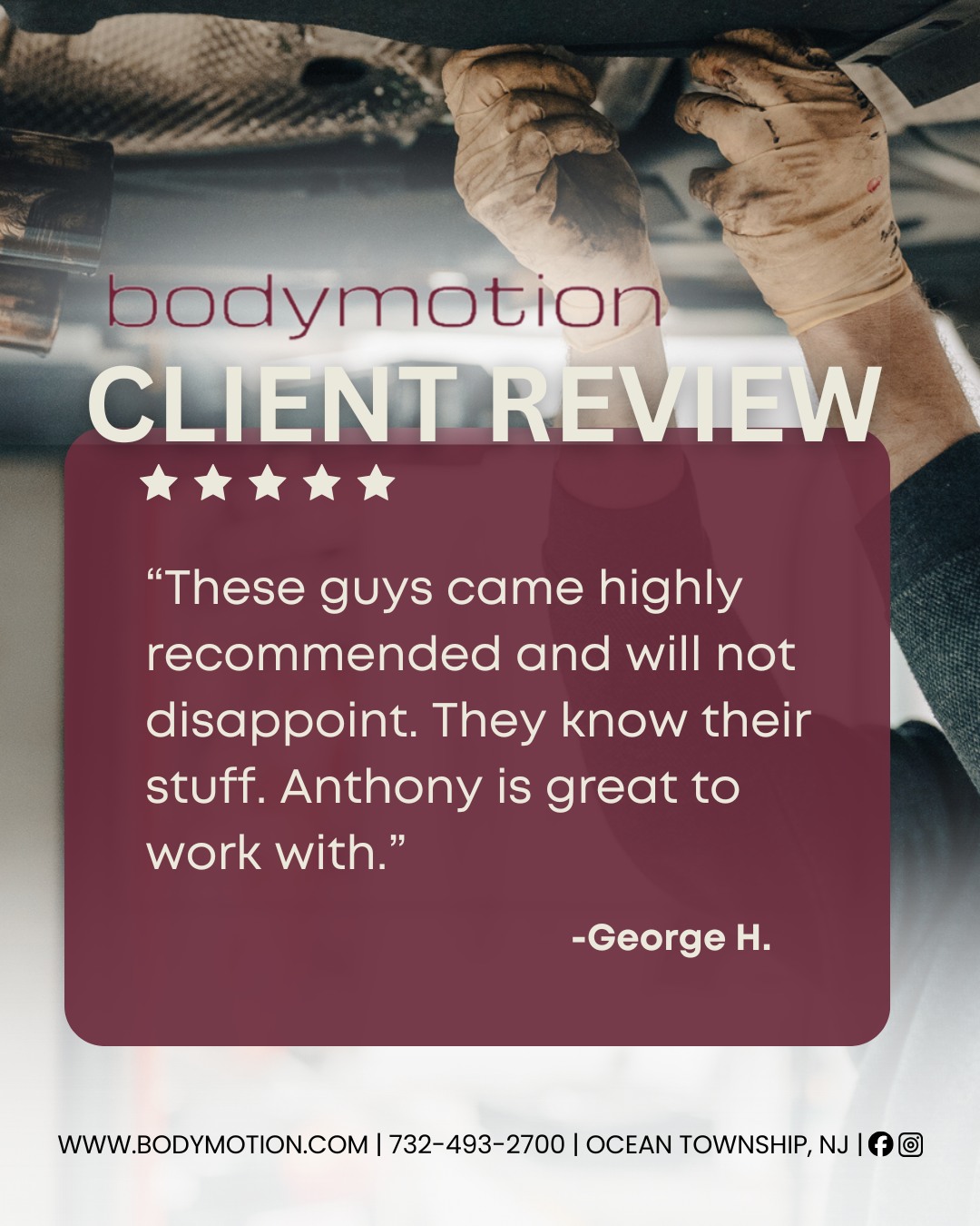 ⭐️⭐️⭐️⭐️⭐️
“These guys came highly recommended and will not disappoint. They know their stuff. Anthony is great to work with.”- George H. 🙌
⭐️ Where experience meets excellence ⭐️
📍 Ocean Township, NJ
🔧 www.bodymotion.com
📱 732-493-2700
#Bodymotion #BodymotionNJ #CustomerReview #CarCare #AutoRepair #CollisionRepair #PorscheService #MonmouthCounty #PerformanceCars #AutoDetailing