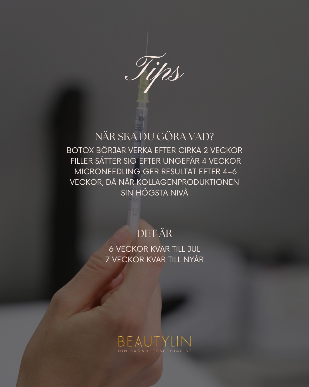 Beautylin tipsar om när du ska göra din behandling för att kunna visa bästa resultat under vinterns alla festligheter! Planera din behandling i tid, snart är jul och nyår här 😍🎁
Vi på Villa Ed
Inredningsbutik @villaedinredning
Klädbutik @villaed_by_glozzy
Café & Bistro @cafevillaed
Frisörer @villaed.frisorerna
Injektionsbehandlare @beautylin.se
Kroppsvård & Massage @lindaholtzkroppsvard
Inemotion Psykologi @inemotionpsykologi
Keramik @lerkallan
Skulpturskogen Villa Ed