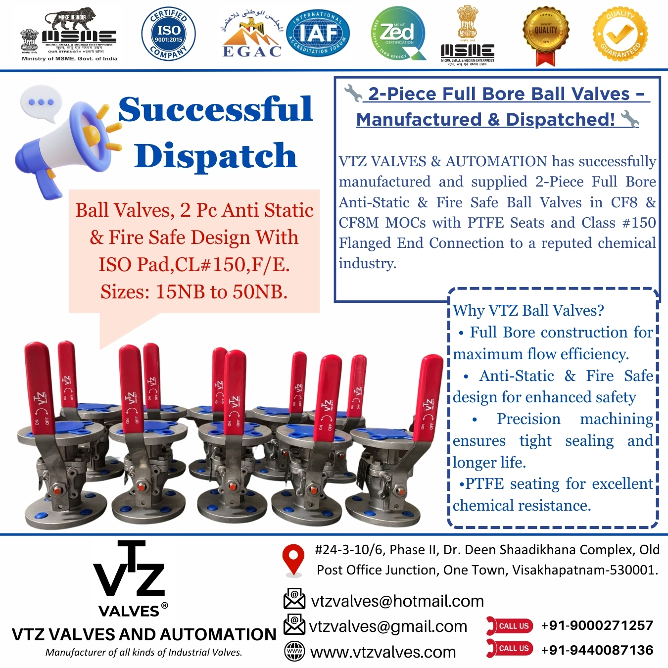 Dispatch Completed! 🚚
We’ve successfully manufactured and supplied 2-Piece Full Bore Anti-Static & Fire Safe Ball Valves (CF8/CF8M • PTFE Seats • Class #150 Flanged Ends) for a reputed chemical industry.
Built for safety, chemical resistance & high-performance flow.
#VTZValves #BallValveDispatch #FullBoreValves #FireSafeDesign #AntiStaticValves #ChemicalIndustry #IndustrialValves #ProcessFlow #MadeInIndia #EngineeringExcellence