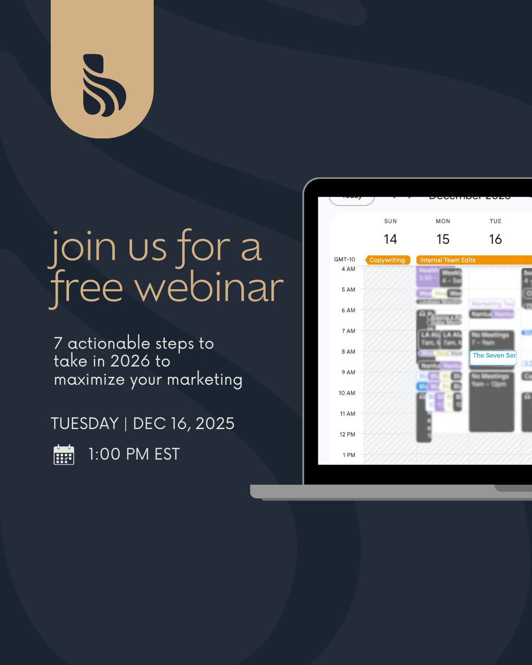 Stop waiting until January to figure out your 2026 marketing strategy!
2026 will be here before you know it, and the businesses that plan now will be the ones that stand out later. Join us December 16th at 1pm to learn what it takes to really move the needle and scale continuously without the burnout 📈
Ready to ditch the guesswork and get intentional about 2026 growth? Click the link in our bio to reserve your spot! 🔗
#marketingstrategy #2026marketing #marketingtips #marketingwebinar #bluesevenstudio #bsssevenseries #blueseven #bss2025